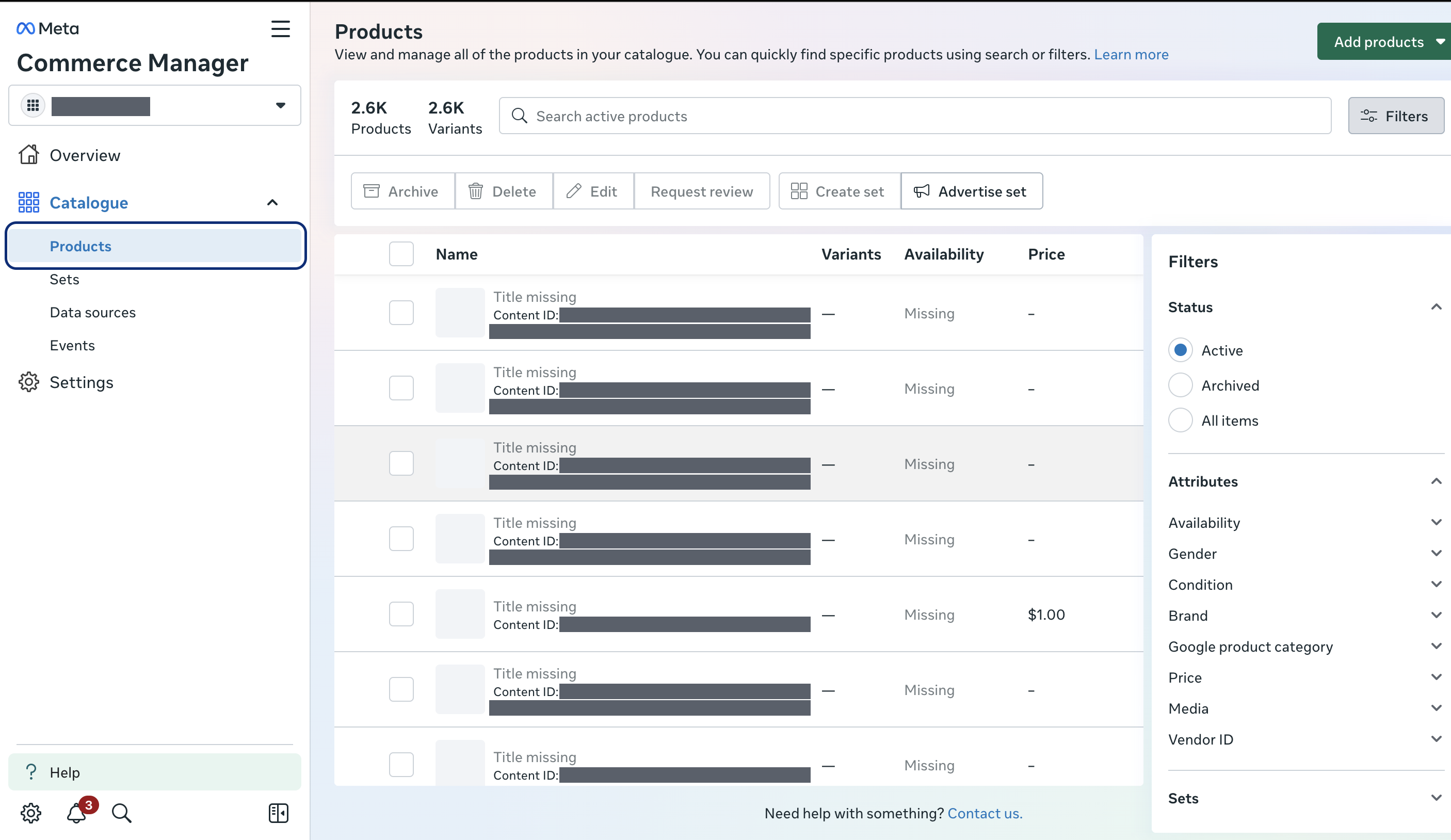 The Products view of a catalogue in Meta Commerce Manager, showing the product and variant counts, the product rows with their Content IDs, and the Filters panel on the right.