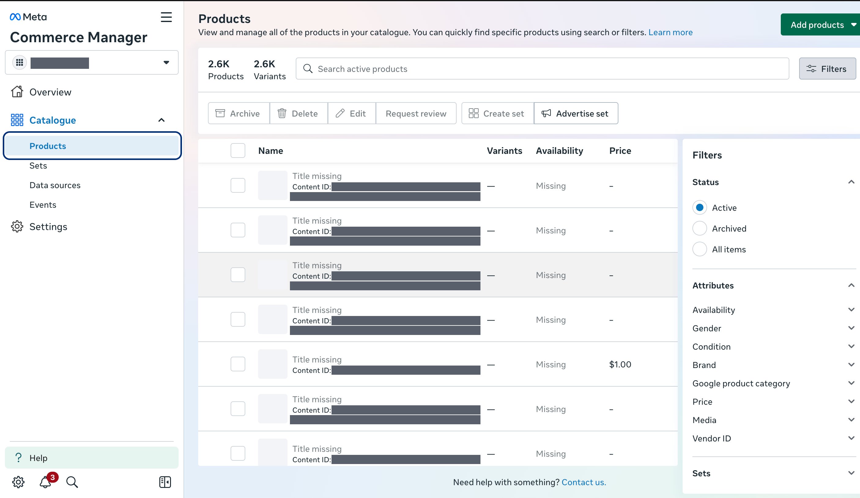 The Products view of a catalogue in Meta Commerce Manager, showing the product and variant counts, the product rows with their Content IDs, and the Filters panel on the right.