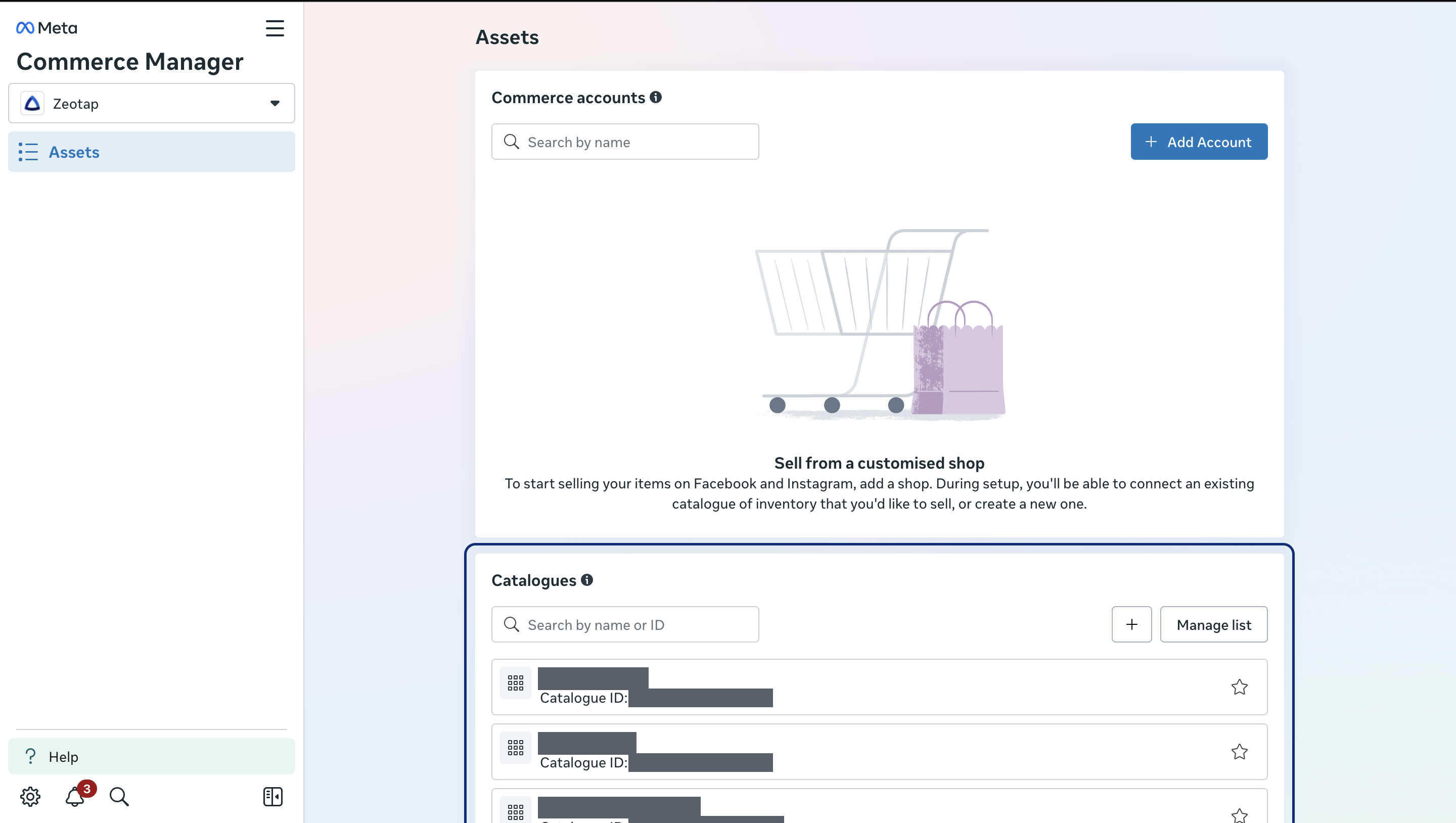 The Assets page in Meta Commerce Manager, with the Catalogues panel highlighted below the Commerce accounts panel.