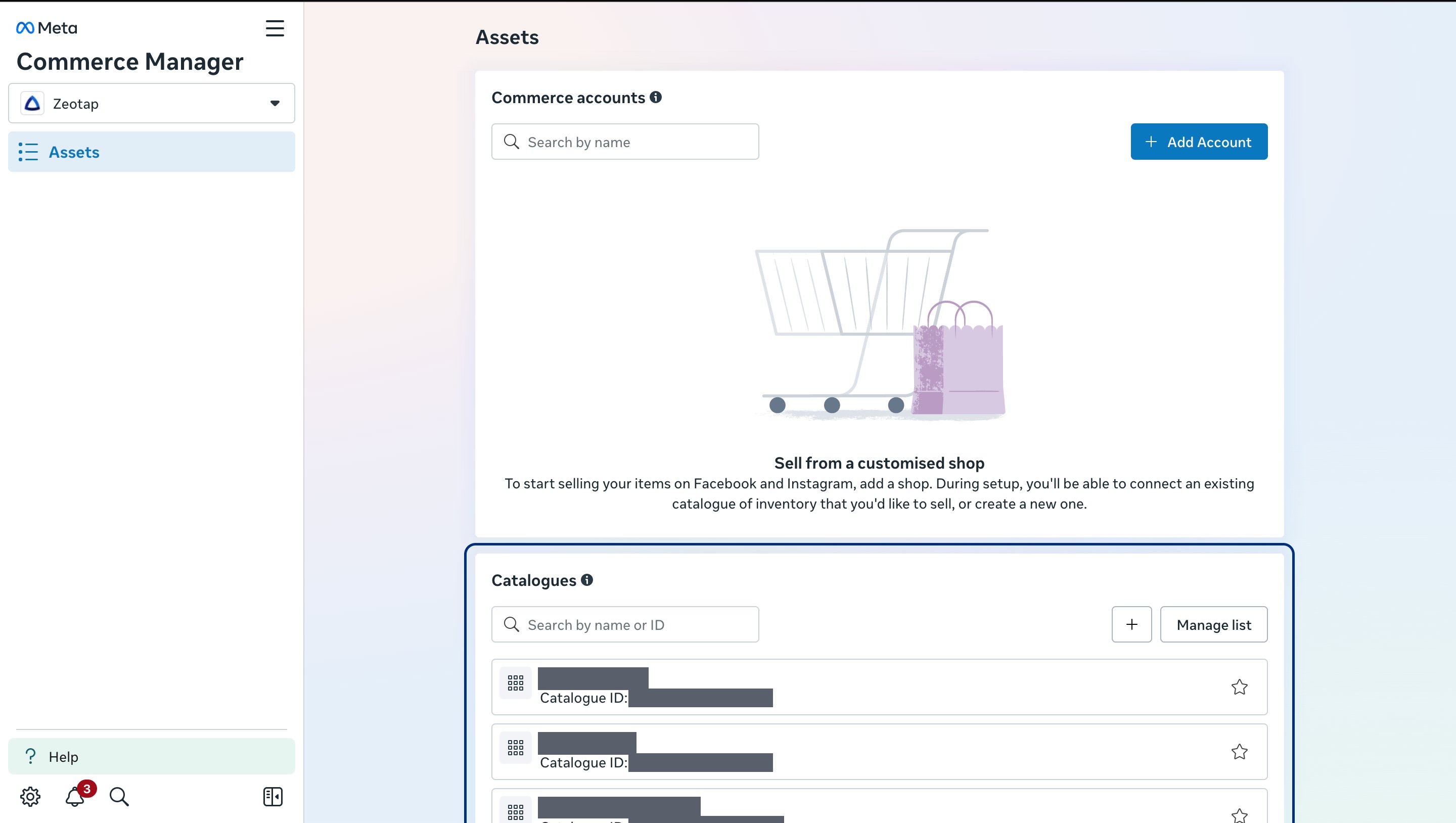 The Assets page in Meta Commerce Manager, with the Catalogues panel highlighted below the Commerce accounts panel.