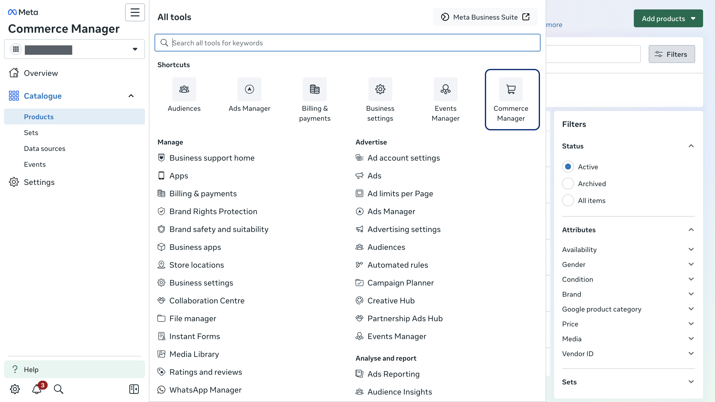 The All tools menu in Meta Commerce Manager, with the Commerce Manager shortcut highlighted among the shortcut tiles.