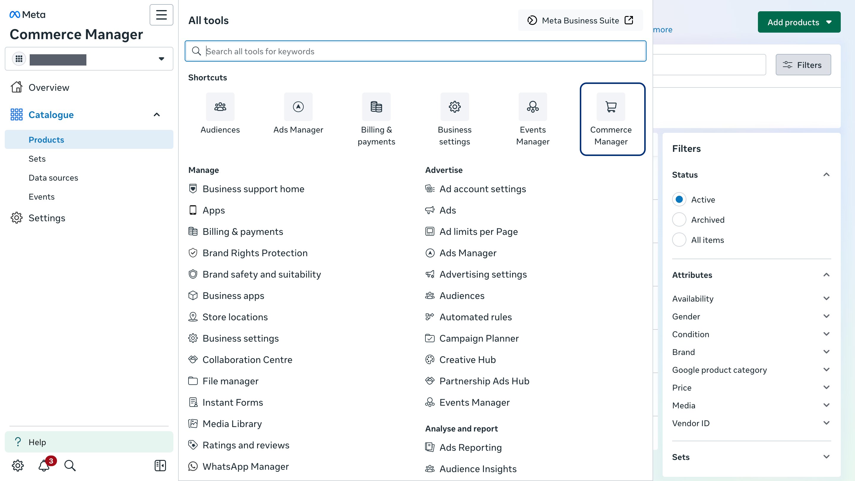 The All tools menu in Meta Commerce Manager, with the Commerce Manager shortcut highlighted among the shortcut tiles.