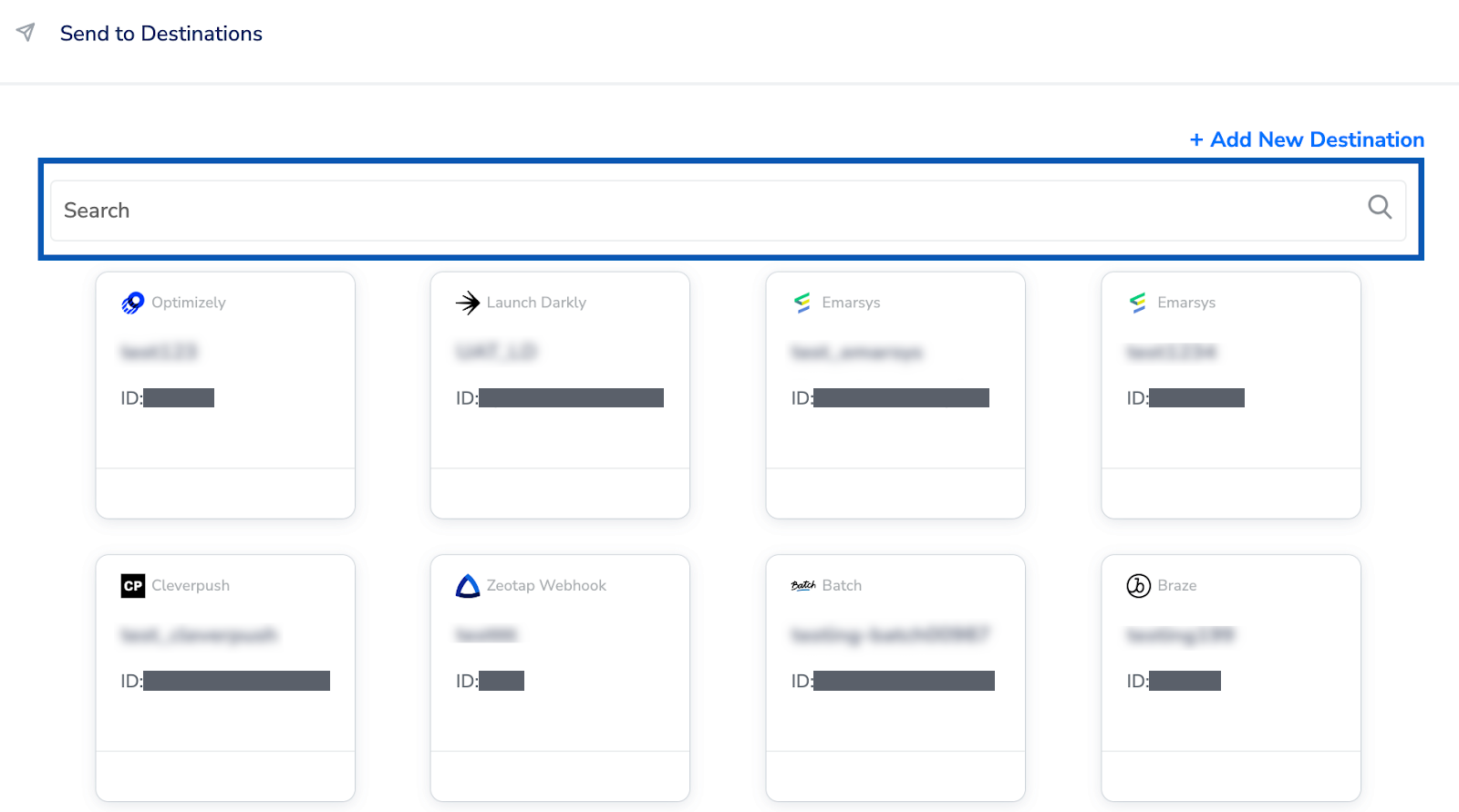 The Send to Destinations panel, with the search box highlighted above a grid of cards for the destinations already configured in the workspace.