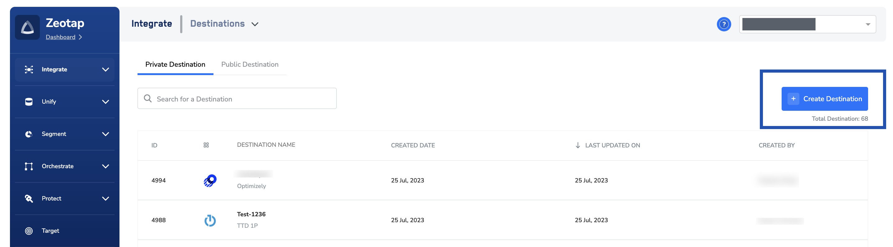 The Destinations listing in Zeotap CDP on the Private Destination tab, with the + Create Destination button highlighted above the table of existing destinations.