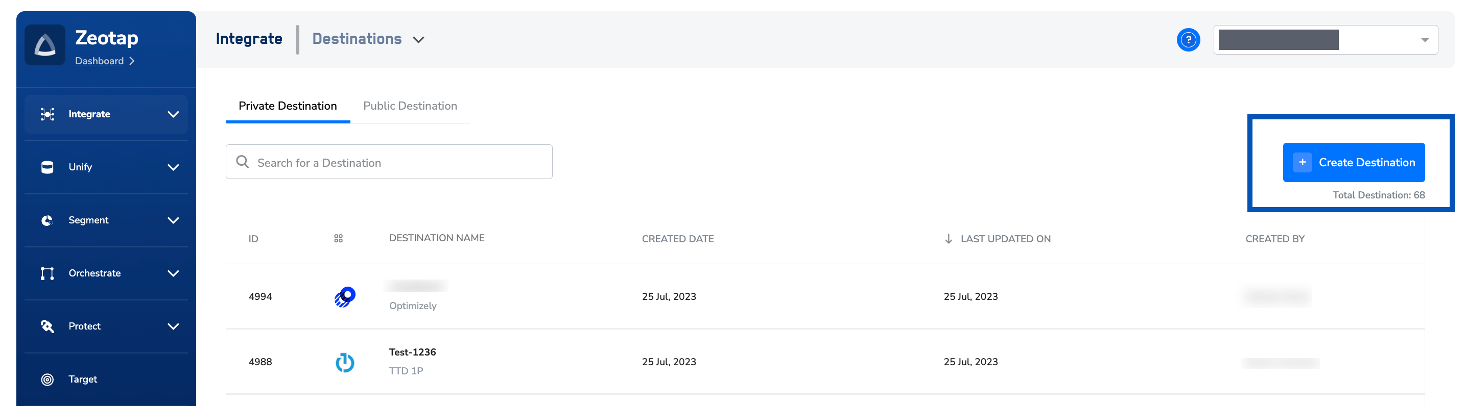 The Destinations listing in Zeotap CDP on the Private Destination tab, with the + Create Destination button highlighted above the table of existing destinations.