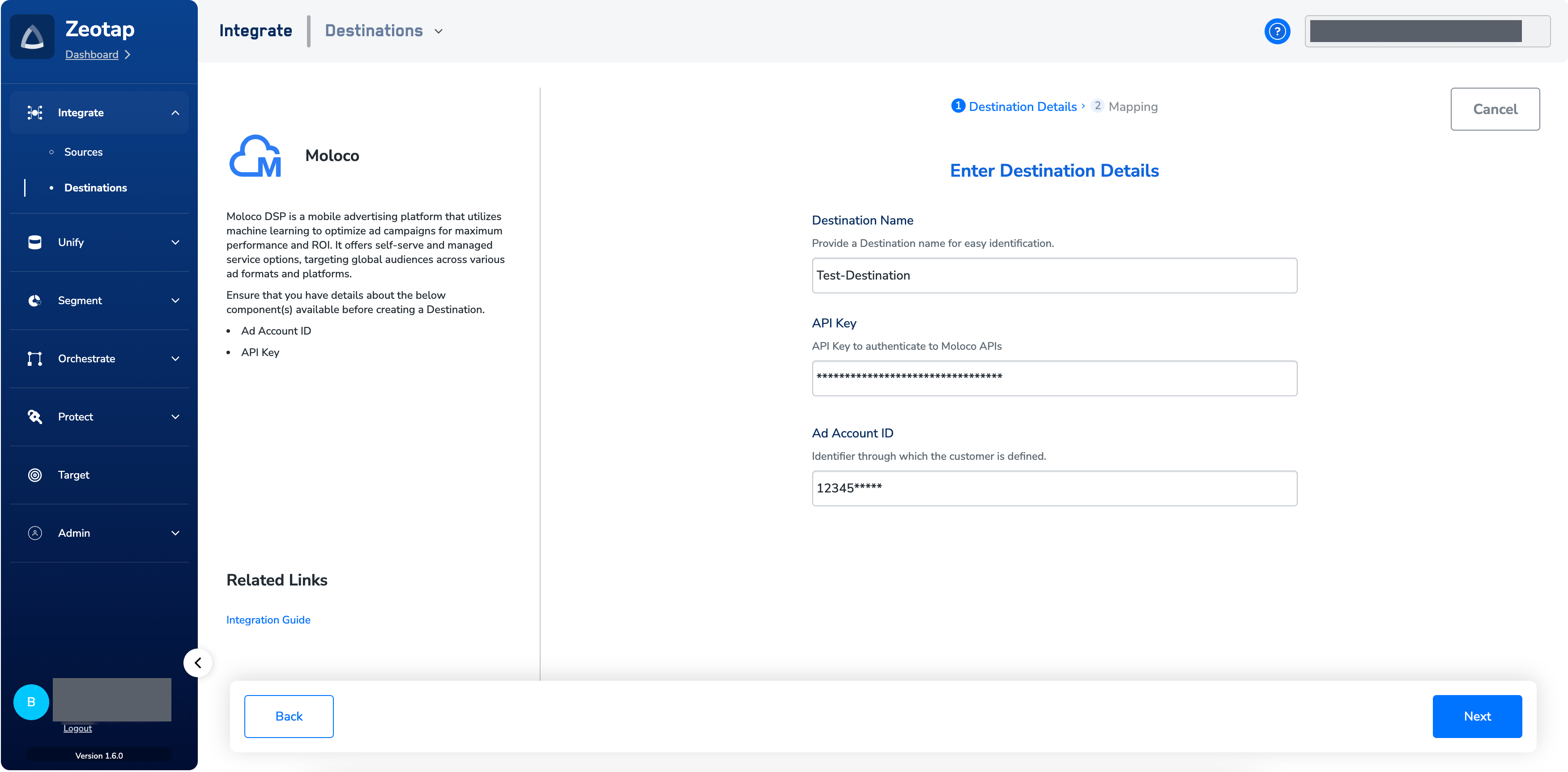 The Enter Destination Details step for the Moloco destination in Zeotap CDP, showing the Destination Name, API Key and Ad Account ID fields, with the components the integration needs listed in the left-hand panel.