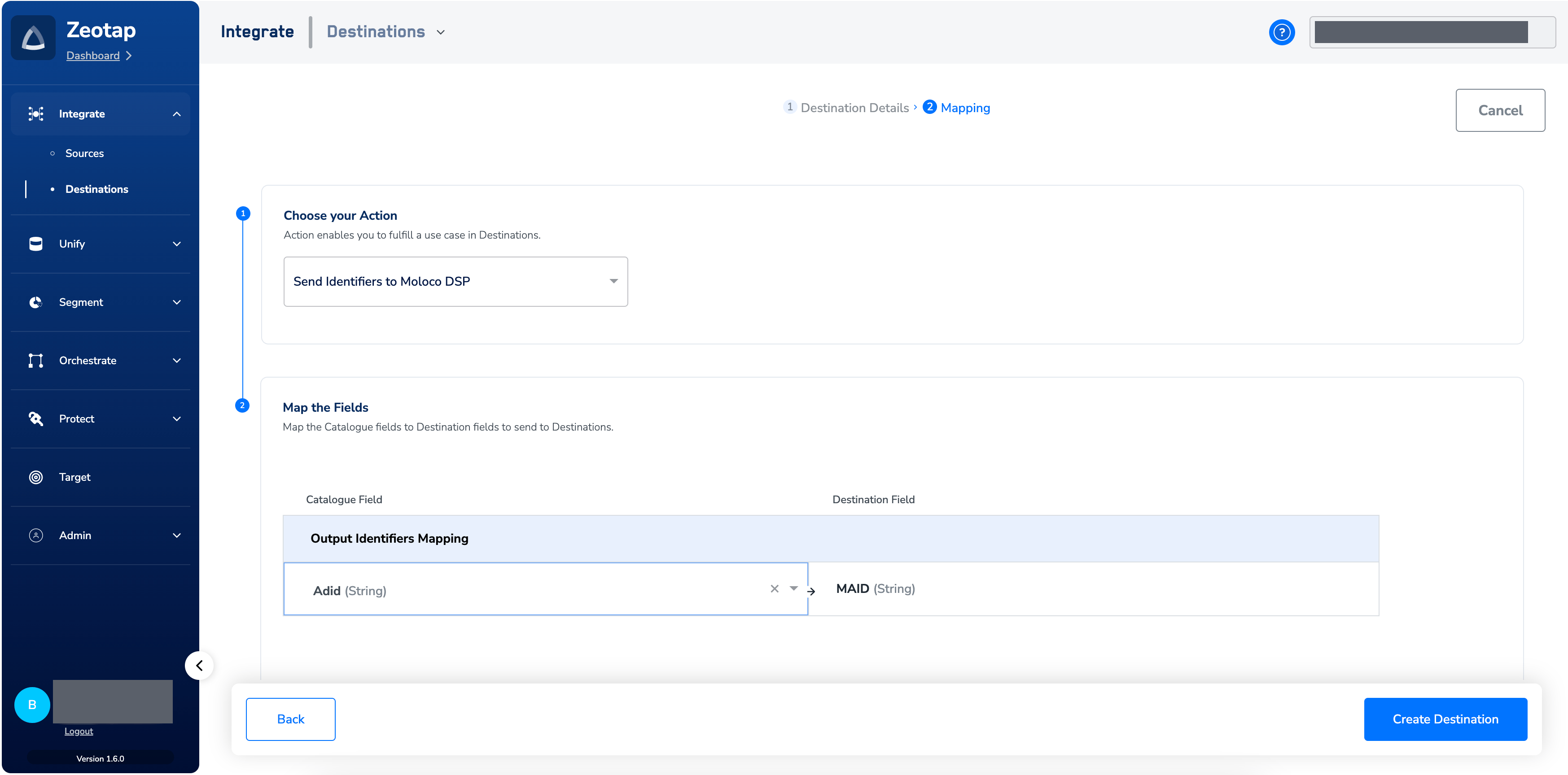The Mapping step for the Moloco destination in Zeotap CDP, with Send Identifiers to Moloco DSP selected under Choose your Action and a Catalogue field mapped to the MAID destination field under Map the Fields.