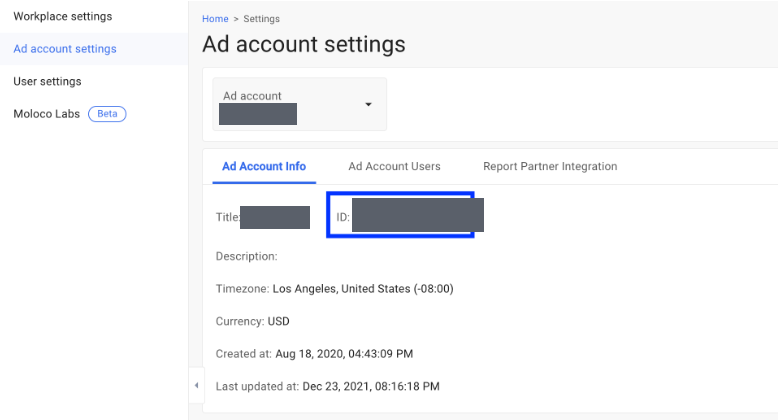 The Moloco Ad account settings page with the Ad Account Info tab open, showing the ad account title, description, timezone, currency and created date, and a callout box around the Ad Account ID field.