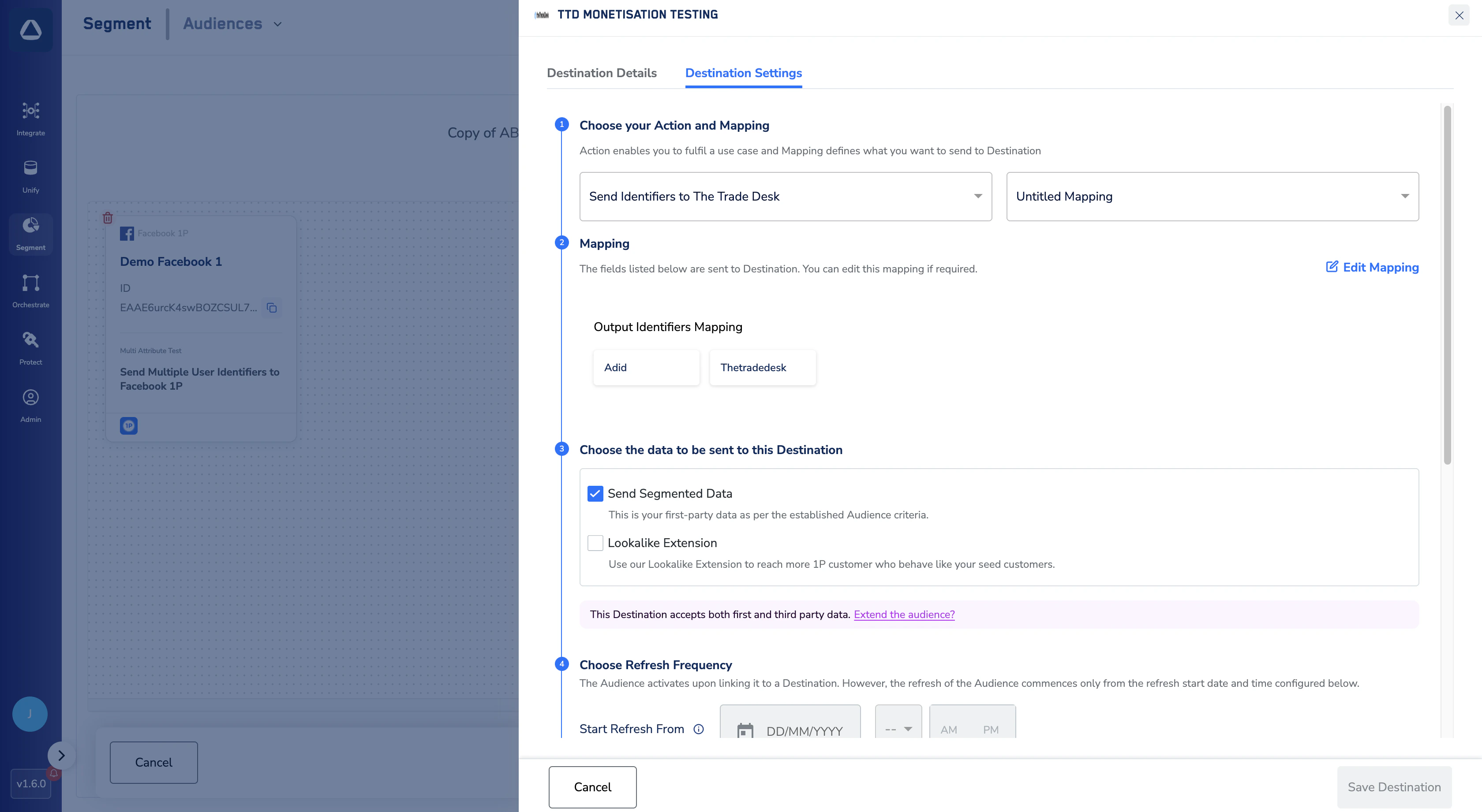 Destination Settings tab on the audience link panel showing Action, Mapping, data scope, and refresh frequency configuration.