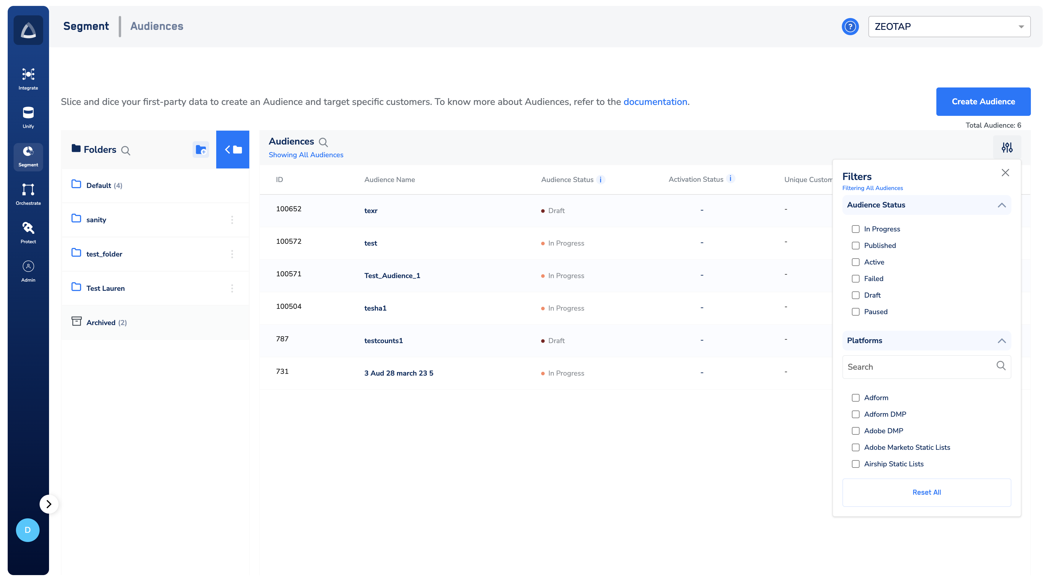 Explore Audience Listing Page Options - Zeotap docs
