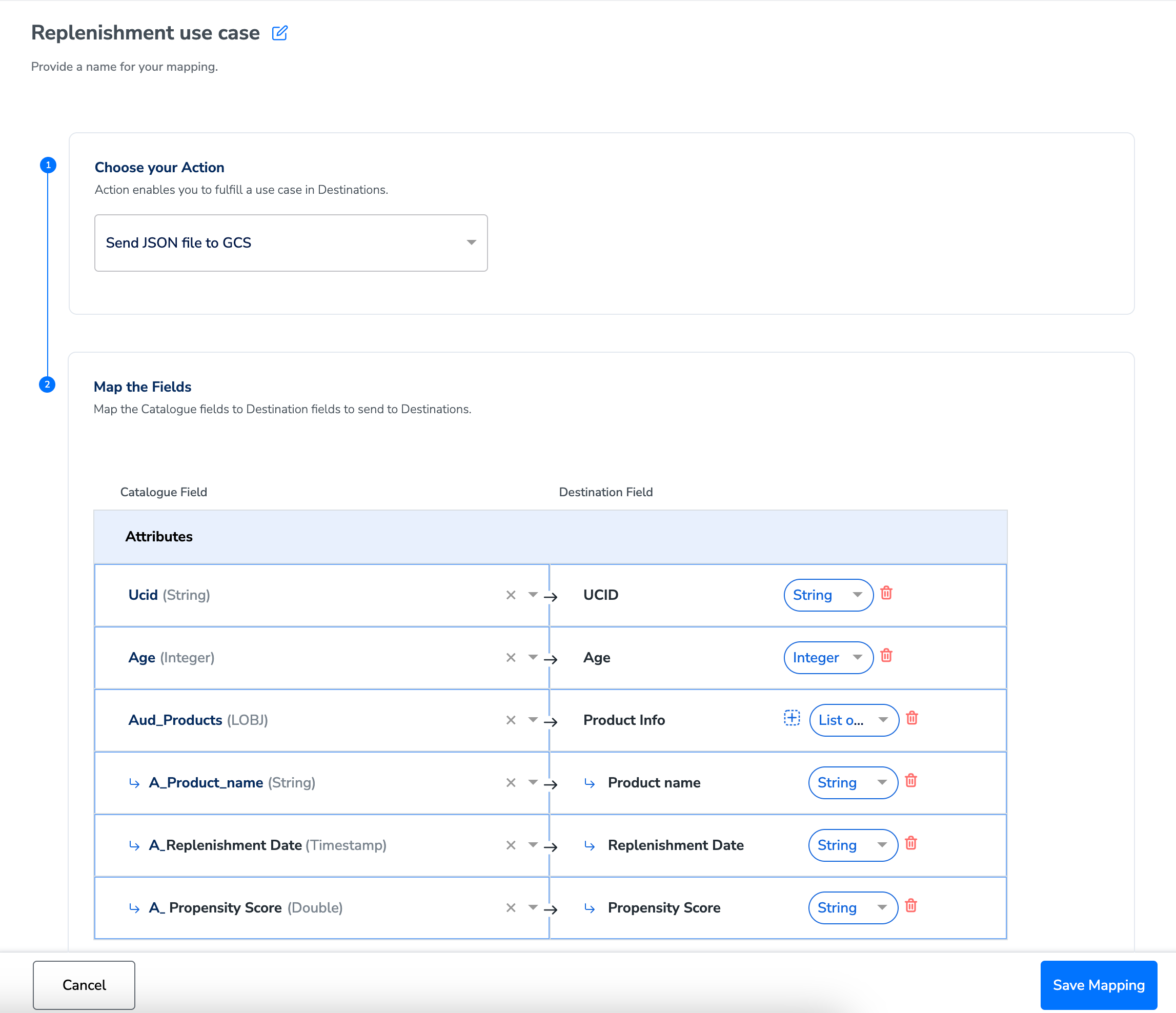Object, List of Objects and NCE Support in Destination Upload - Zeotap docs