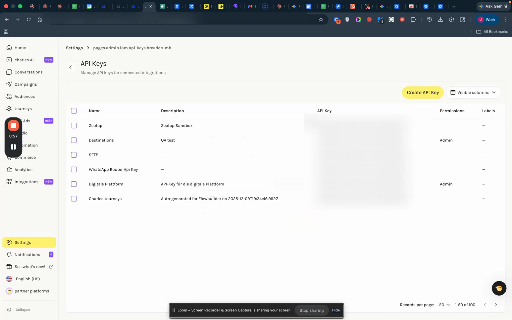 Hello Charles API Keys settings page with the Create API Key button visible.