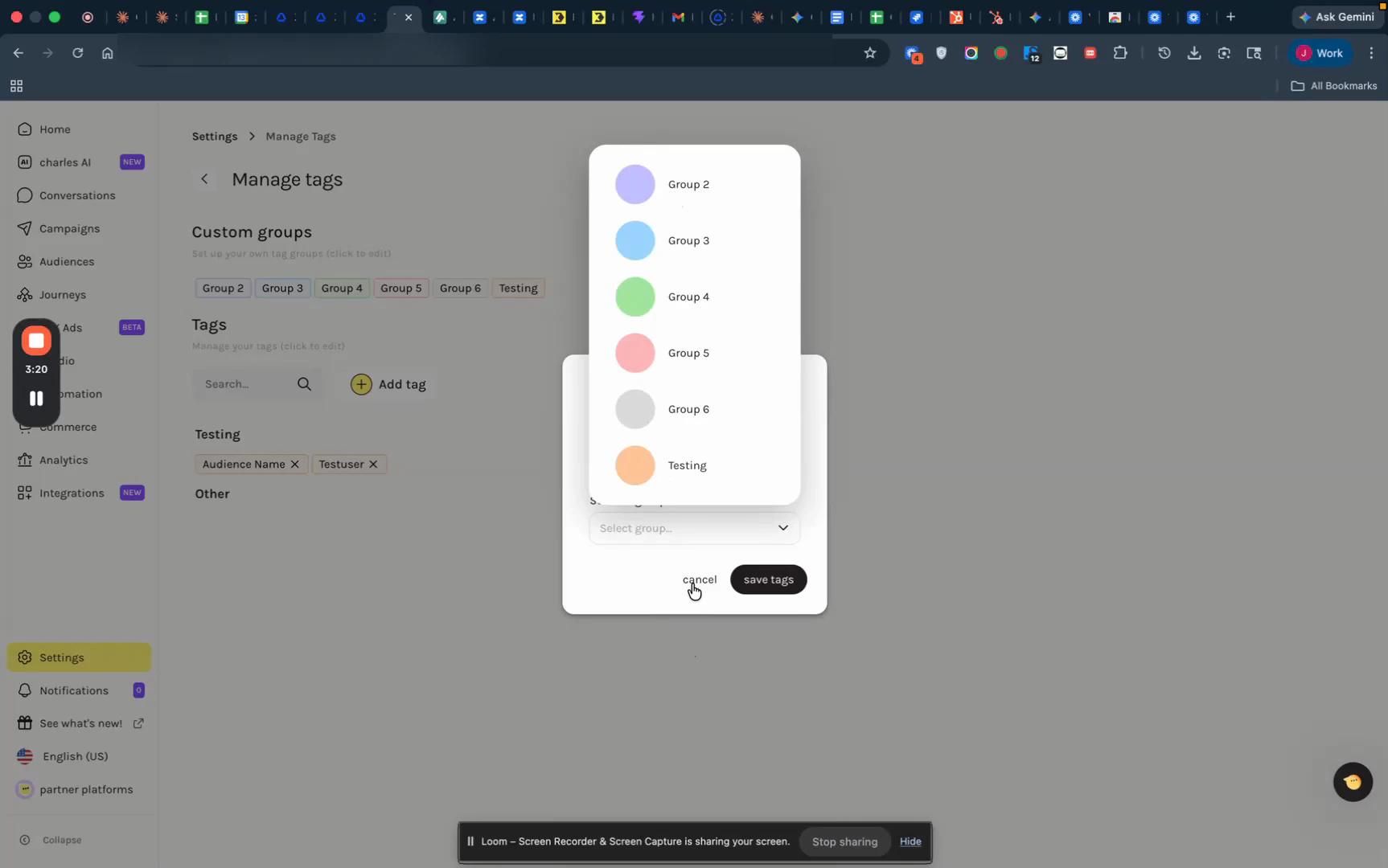 Hello Charles Manage Tags settings with custom groups and the tag group picker open.