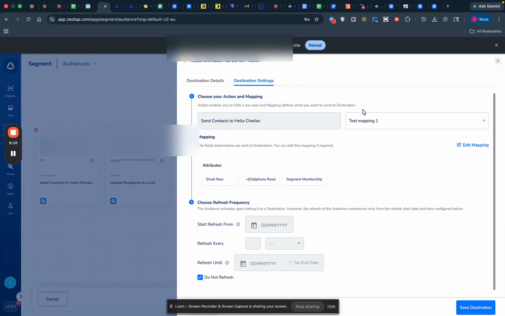 Zeotap audience flow with the Hello Charles destination panel open, showing Destination Settings with the Send Contacts to Hello Charles action and attribute mappings.