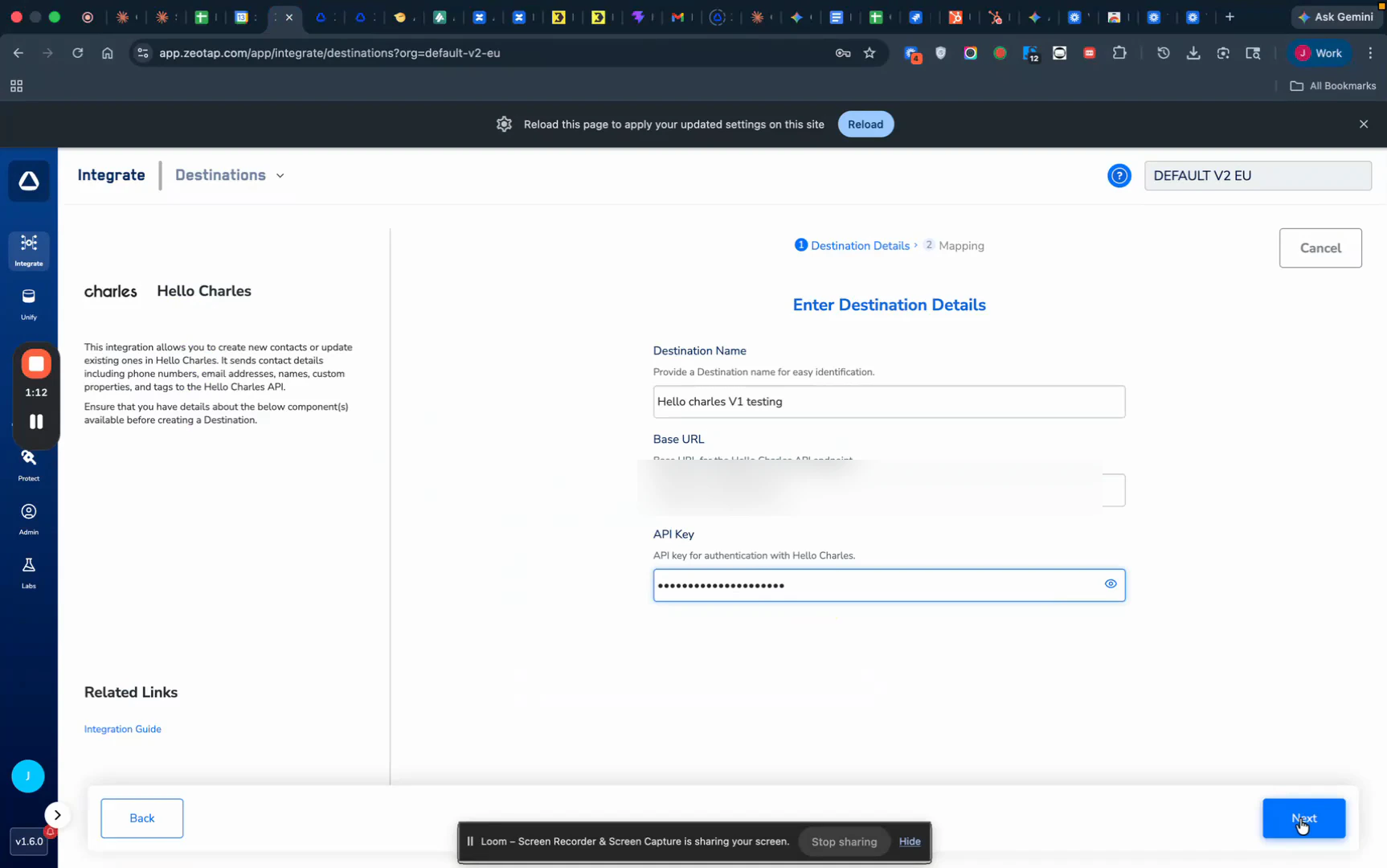 Zeotap destination form for Hello Charles showing Destination Name, Base URL, and masked API Key fields.