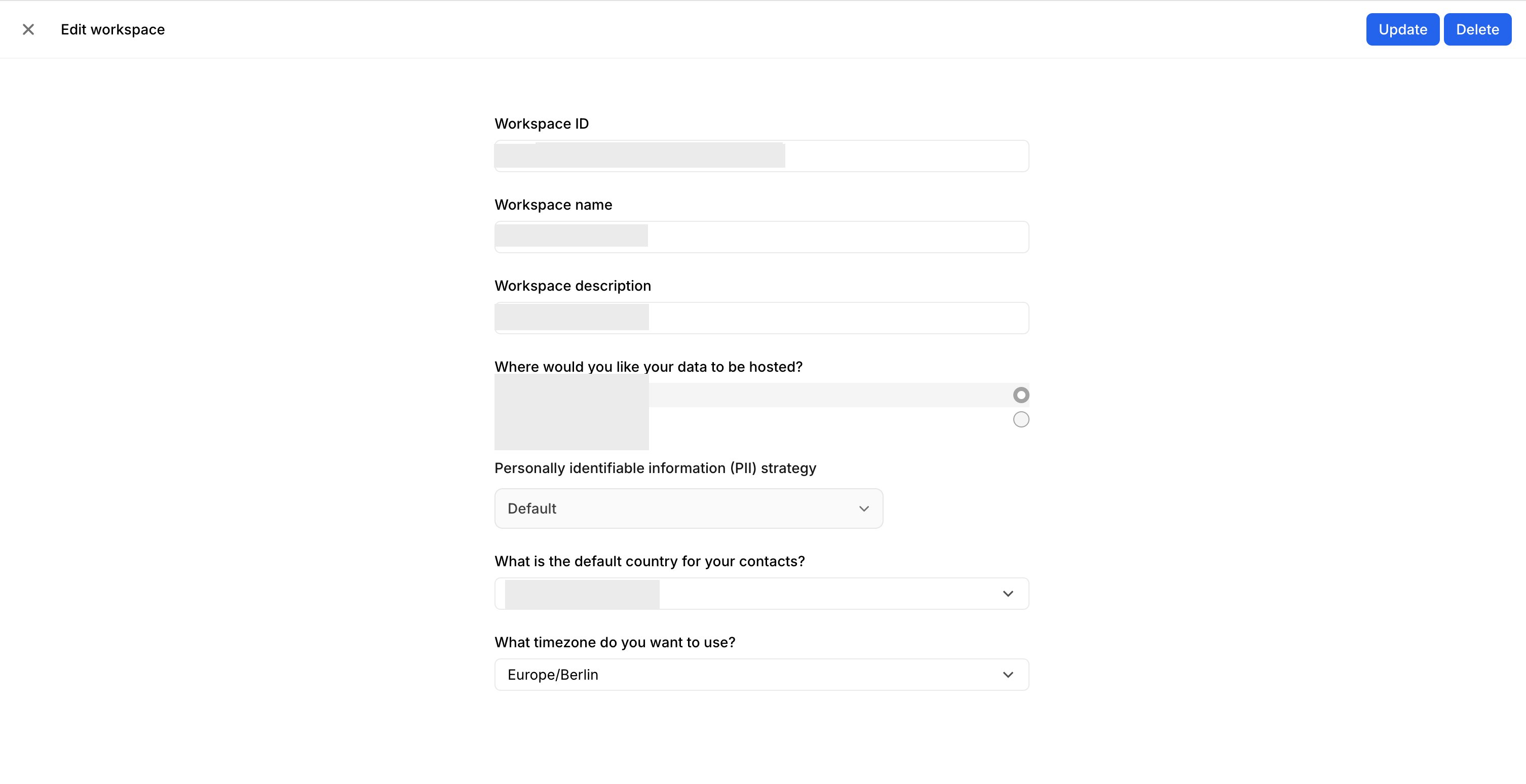 The Bird Edit workspace panel, with the Workspace ID field at the top, above Workspace name, Workspace description, data hosting, PII strategy, default country and timezone settings.