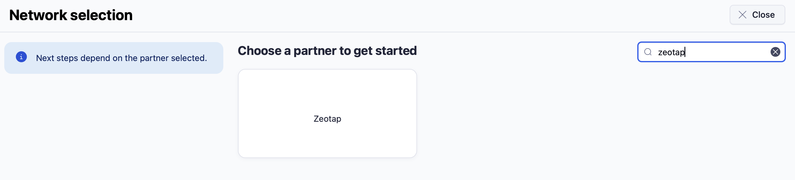 Adjust's Network selection screen with zeotap typed in the search box and the Zeotap partner card shown as the only result