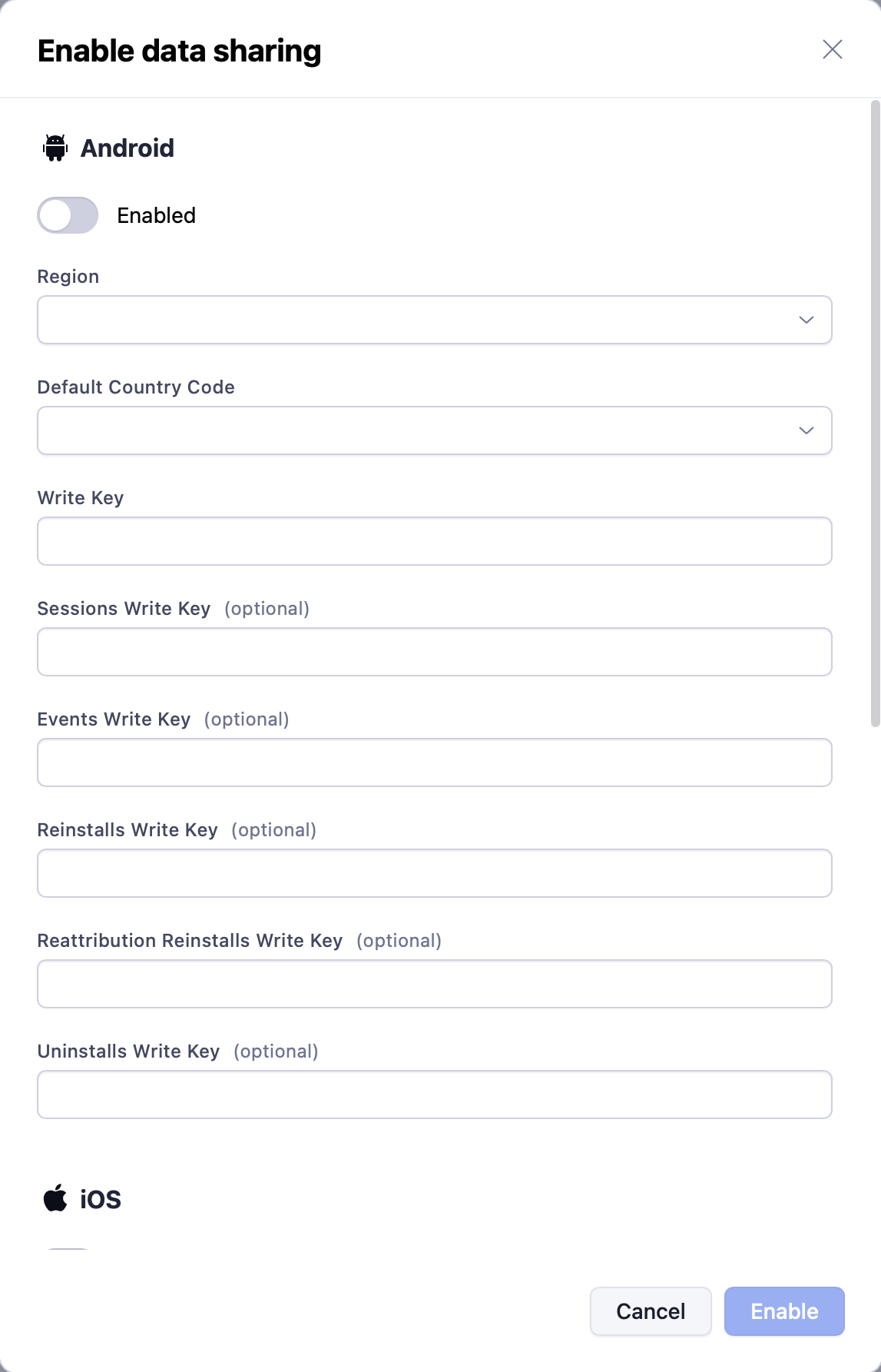 Adjust's Enable data sharing window showing the Android section with the Enabled toggle, Region and Default Country Code dropdowns, the Write Key field, and the optional Sessions, Events, Reinstalls, Reattribution Reinstalls and Uninstalls write key fields