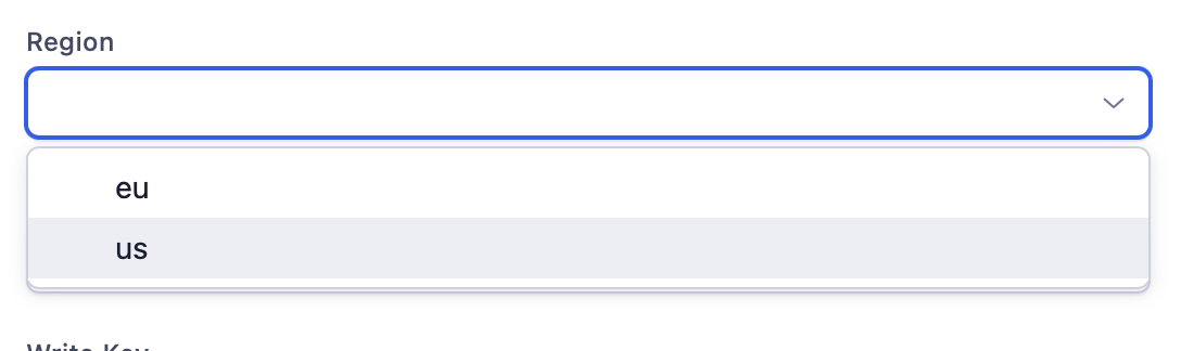 The Region dropdown in Adjust expanded, showing the two options eu and us