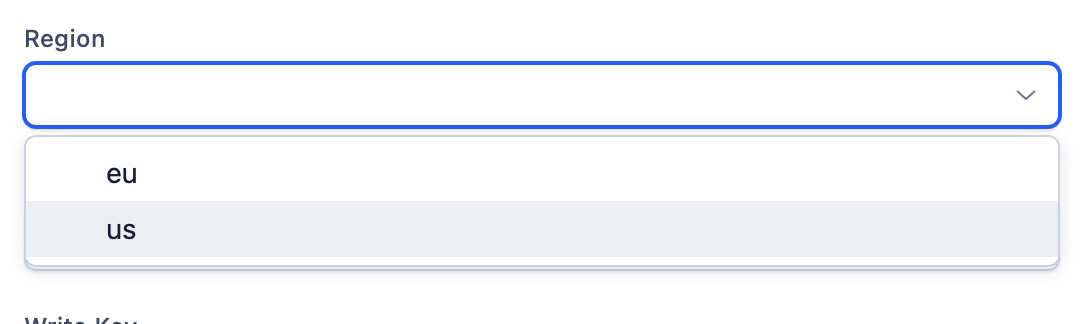 The Region dropdown in Adjust expanded, showing the two options eu and us