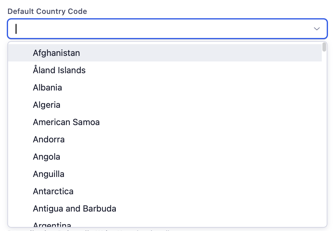 The Default Country Code dropdown in Adjust expanded, showing an alphabetical list of countries