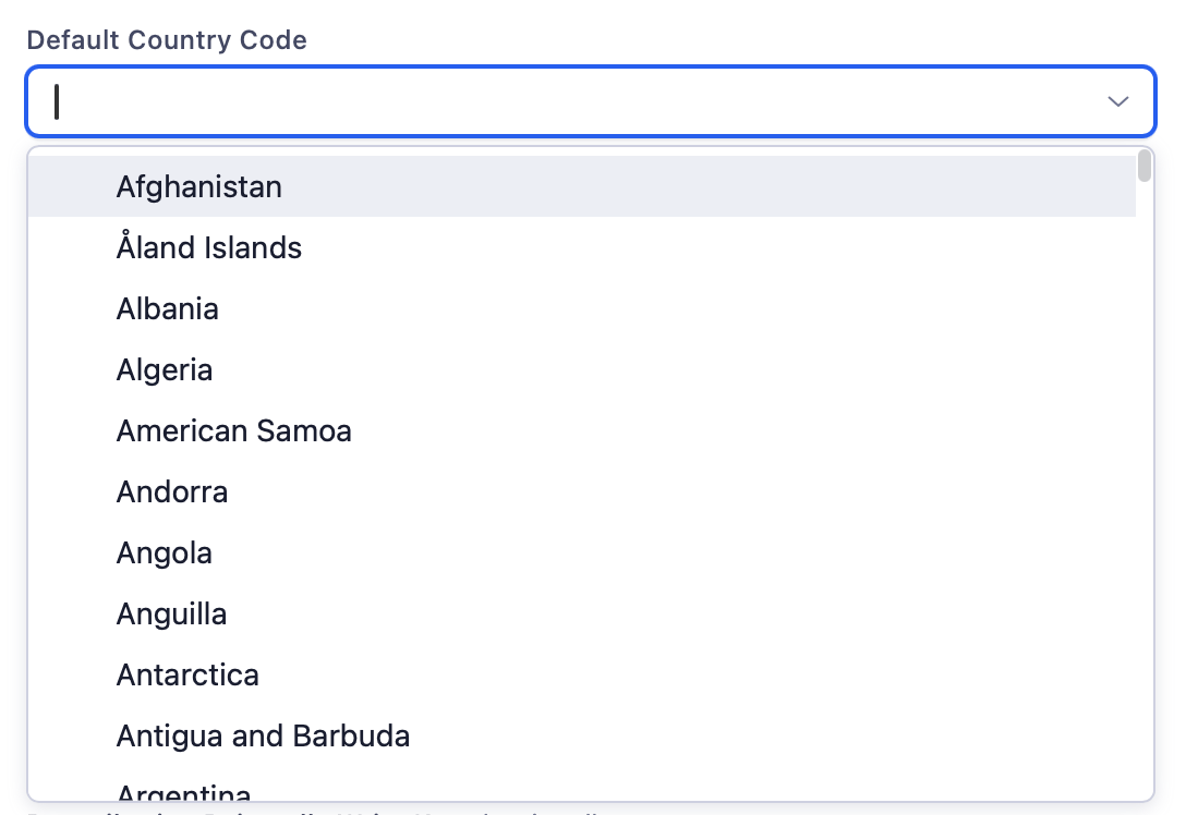 The Default Country Code dropdown in Adjust expanded, showing an alphabetical list of countries