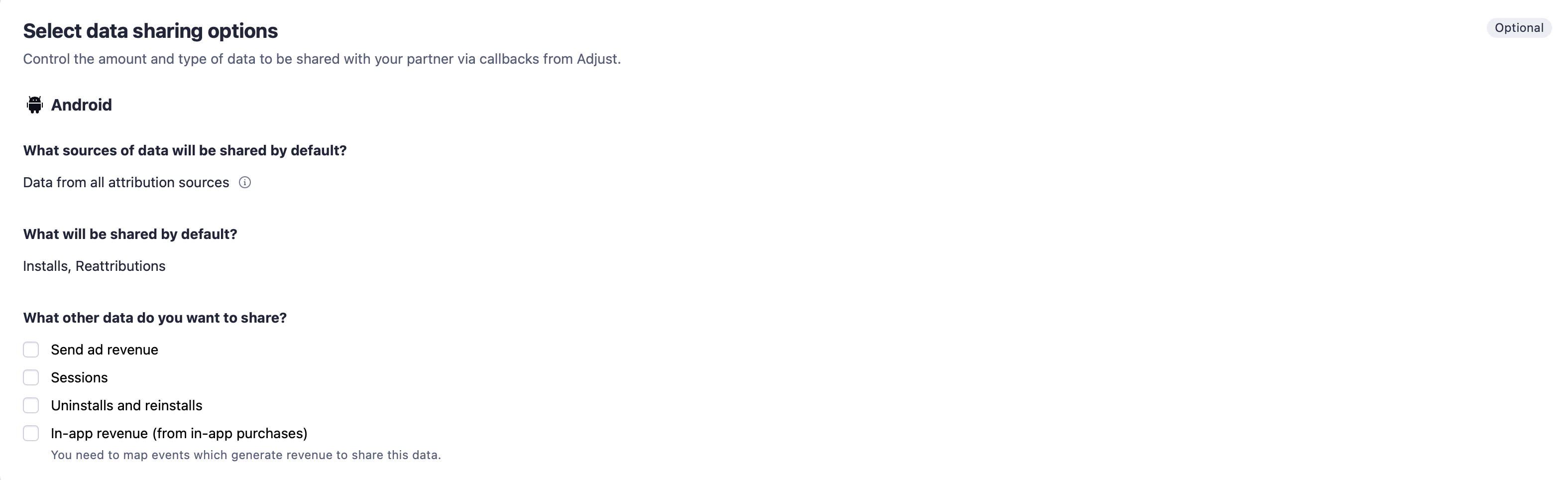 Adjust's Select data sharing options screen for Android, showing that installs and reattributions are shared by default and the checkboxes for ad revenue, sessions, uninstalls and reinstalls, and in-app revenue