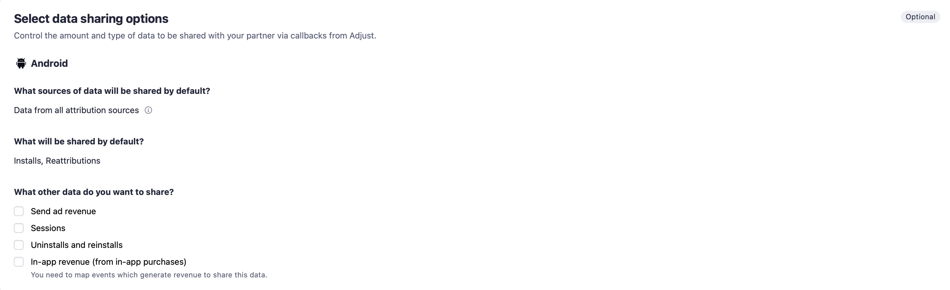 Adjust's Select data sharing options screen for Android, showing that installs and reattributions are shared by default and the checkboxes for ad revenue, sessions, uninstalls and reinstalls, and in-app revenue