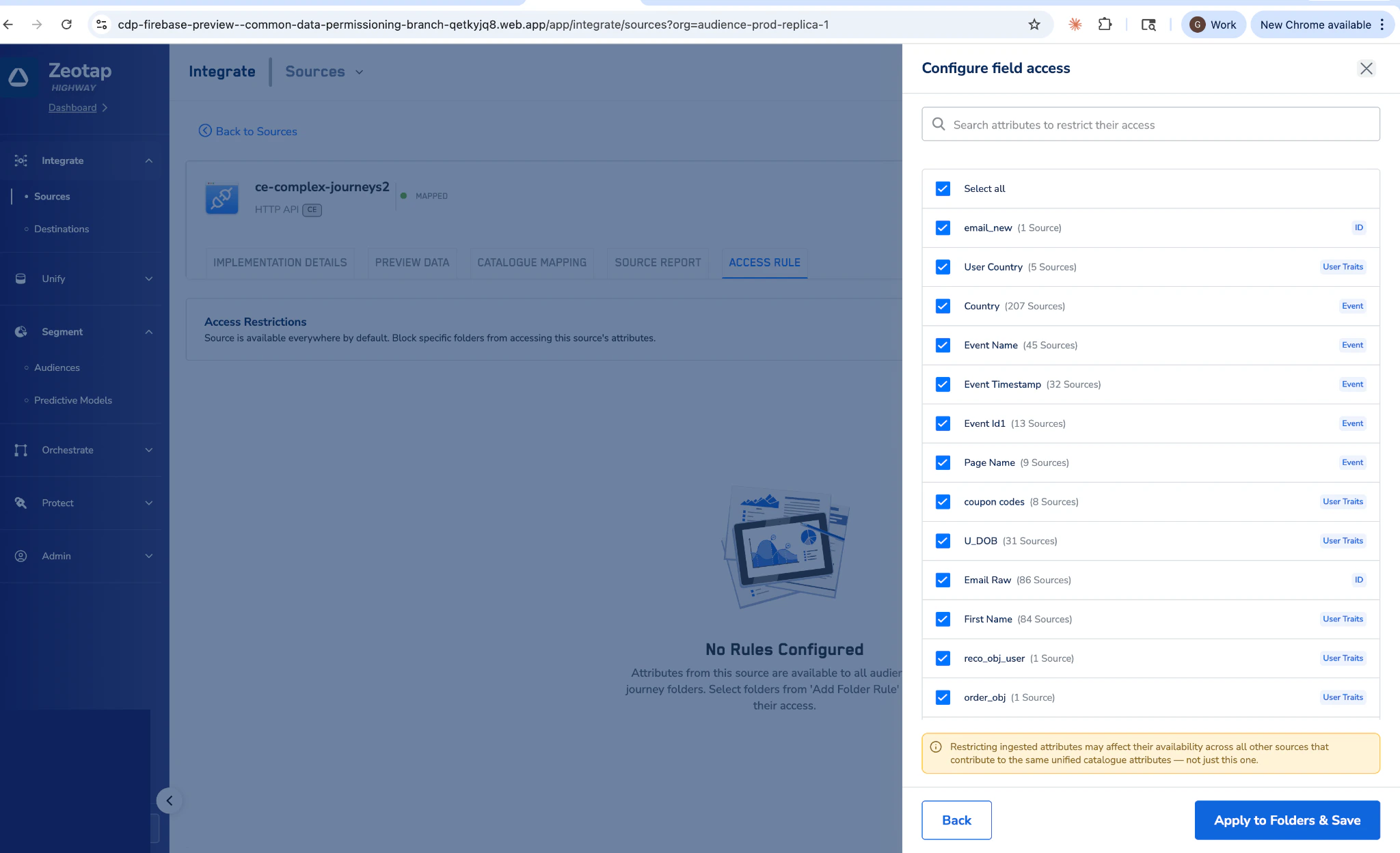 Configure field access dialog with an attribute checklist and a cross-source impact note.
