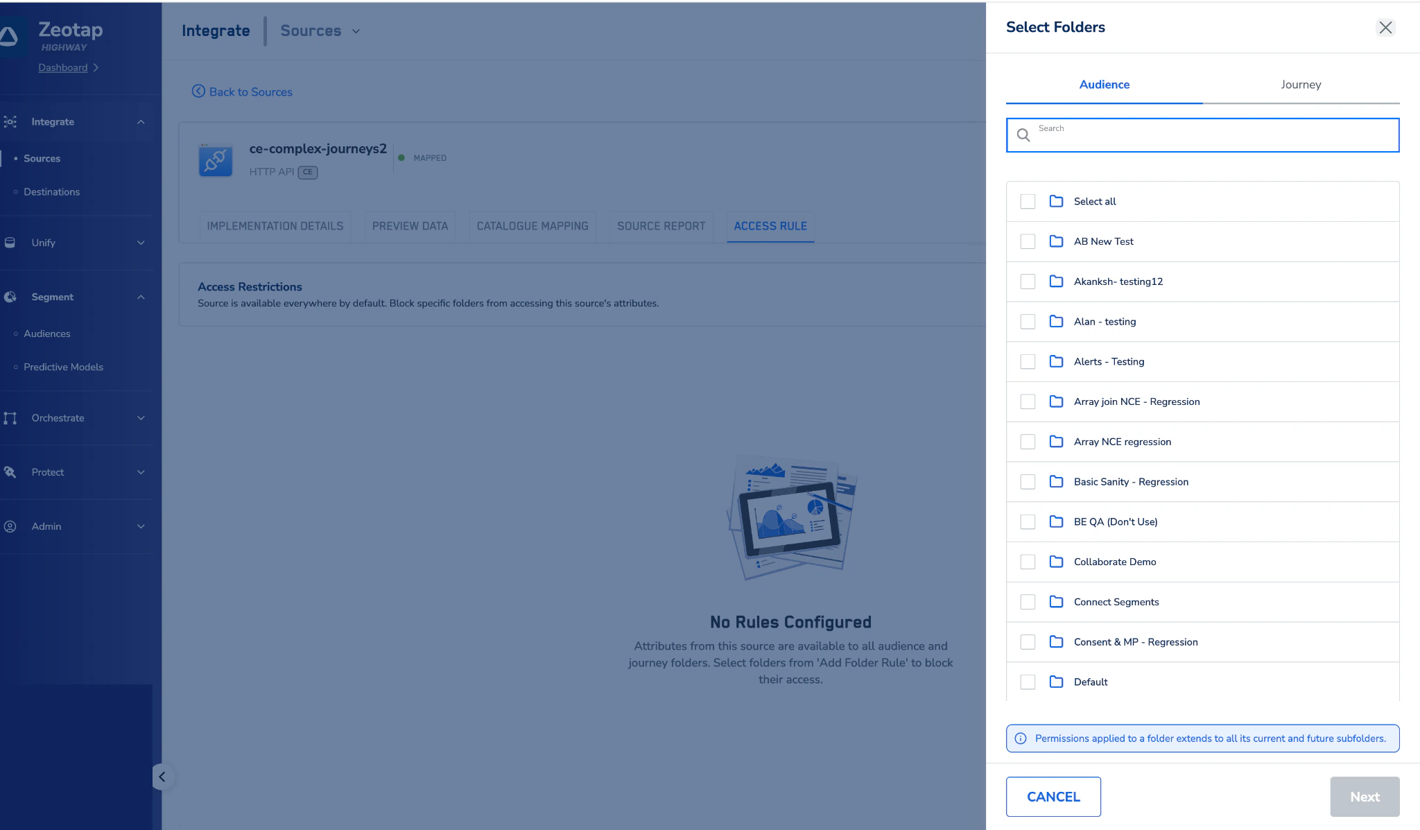 Select Folders dialog with audience and journey tabs and a list of folders.