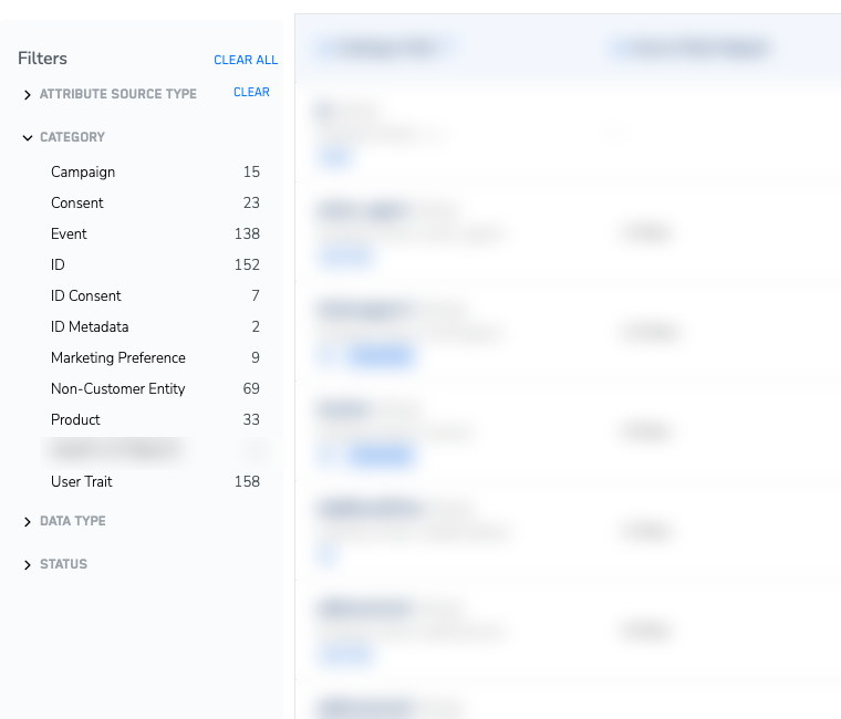 Filters panel on the Catalogue screen showing the attribute source type, category, data type and status filter groups, with the category group expanded and a count next to each category