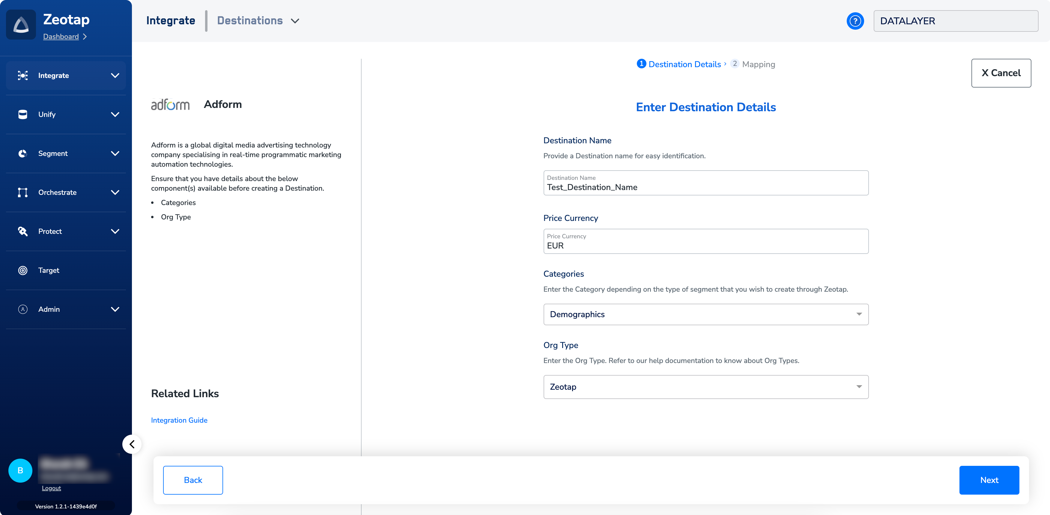 Destination configuration