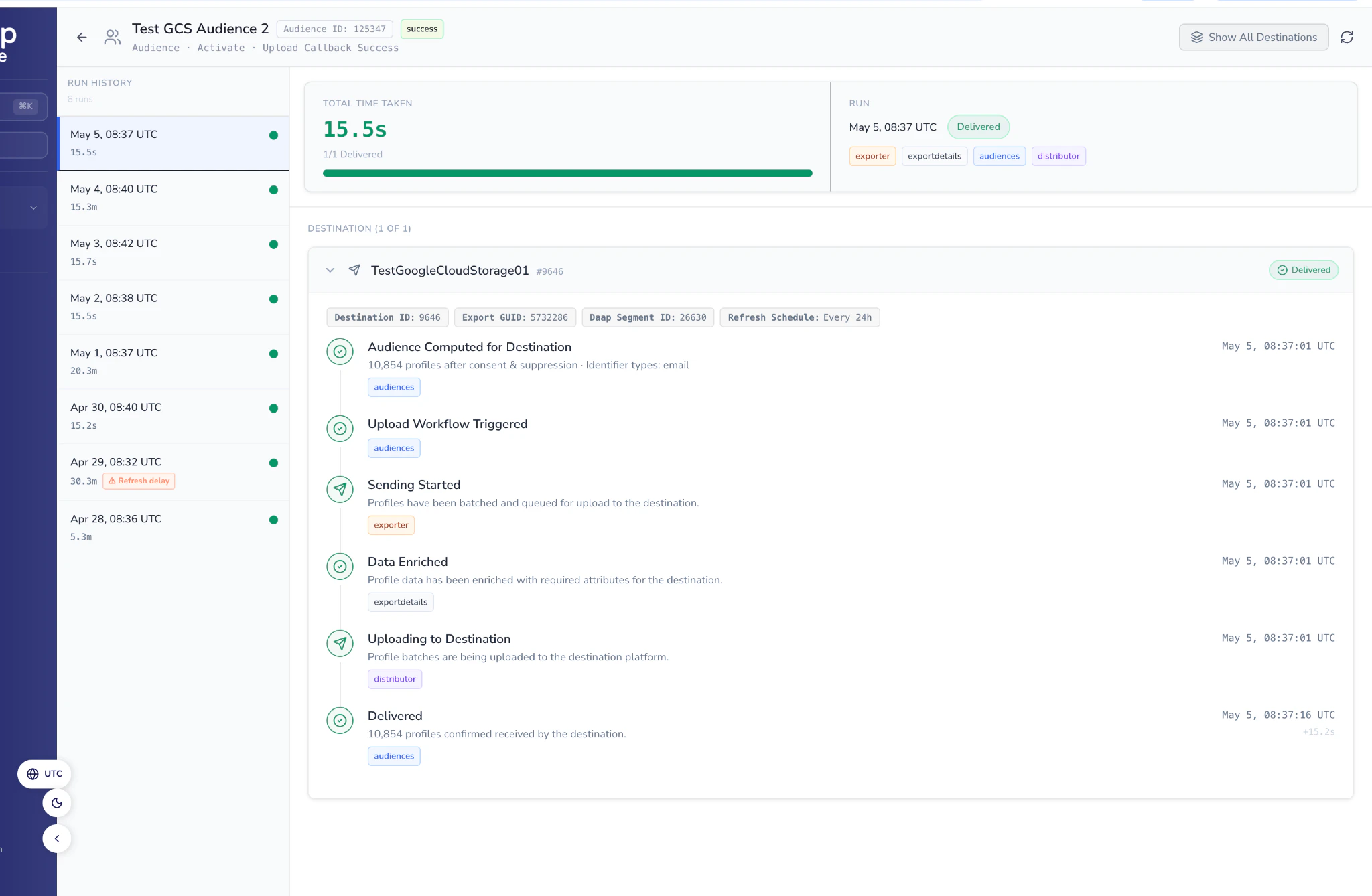 Observability Hub Lifecycle Trace view with run history and span timeline.
