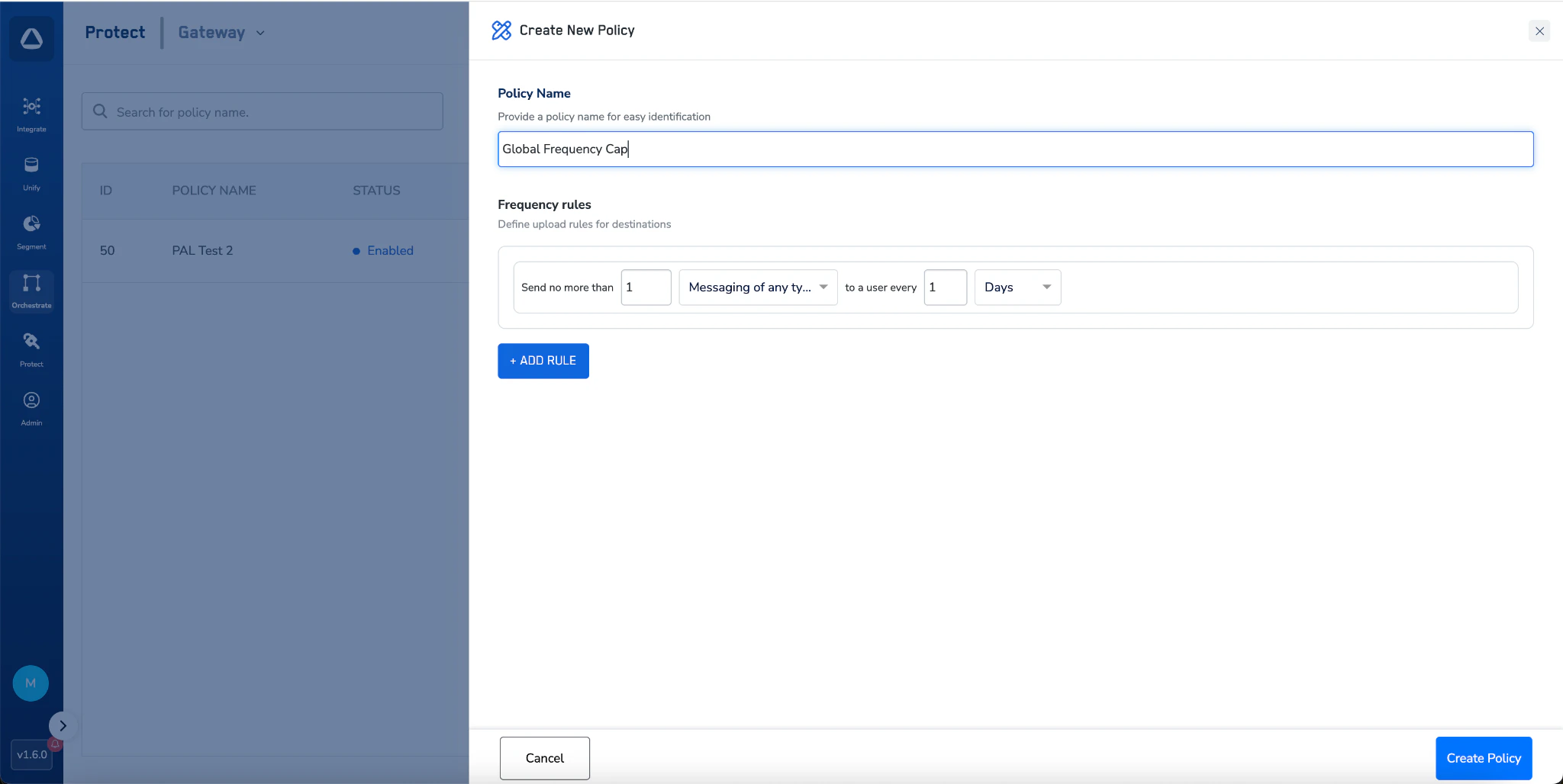 Create New Policy dialog with global frequency cap rule
