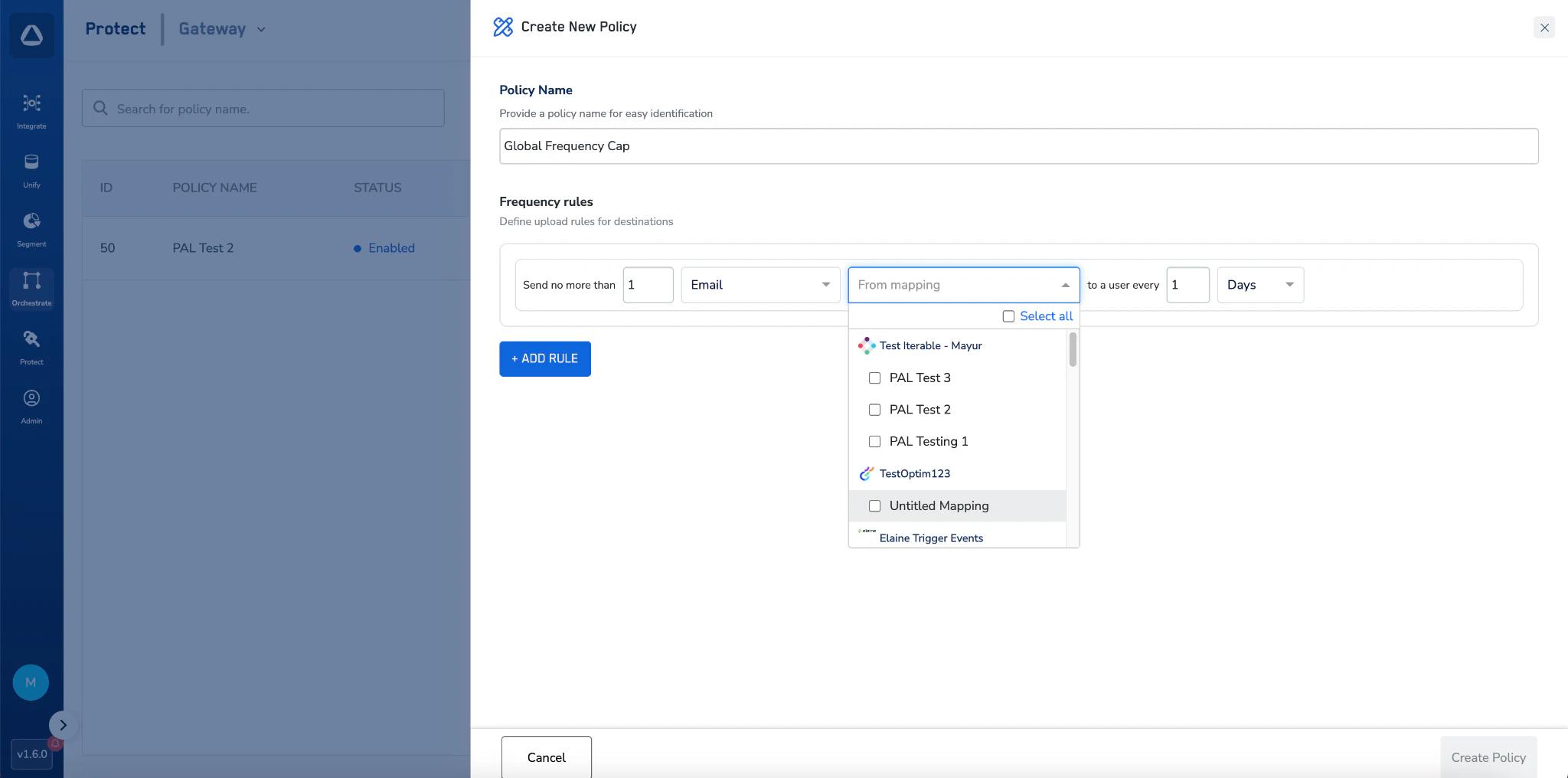 Create Policy dialog with Email channel rule and From Mapping dropdown