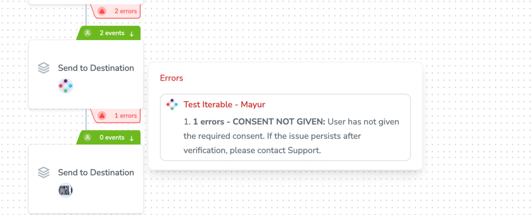Journey destination node showing Gateway policy block error