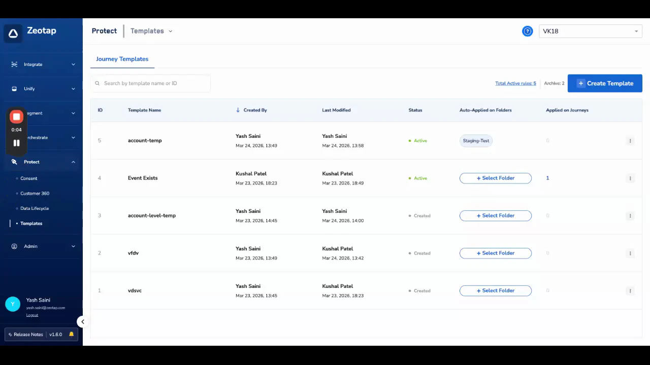Templates module in the Protect section of the left navigation sidebar