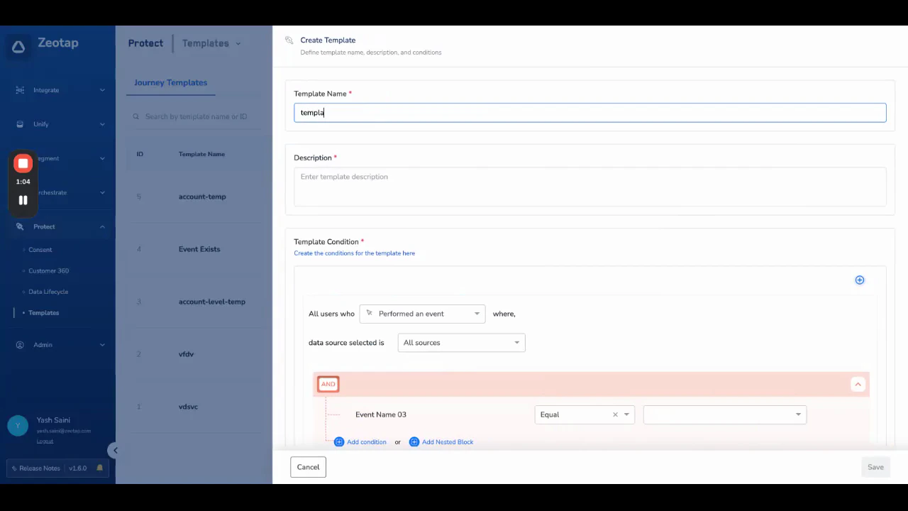Create Template form showing the name and description input fields