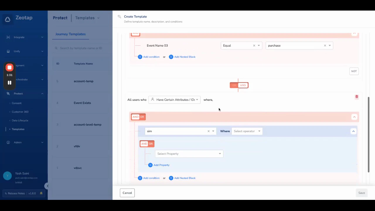 Condition builder interface for defining template logic