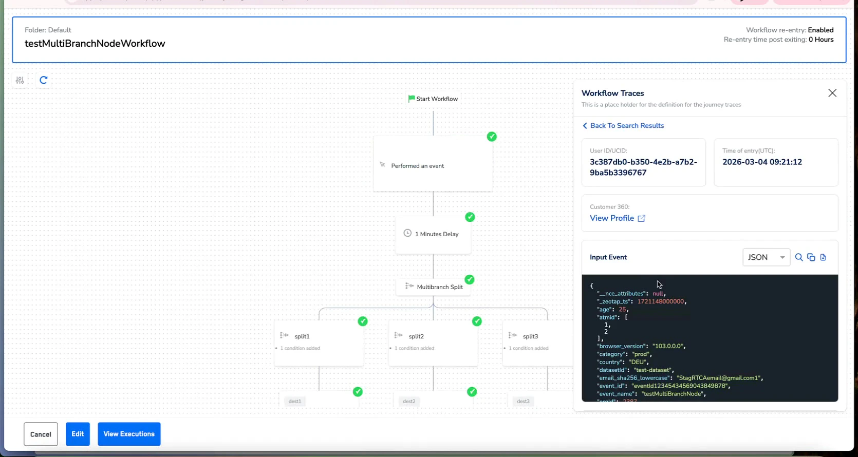 Input Event panel showing JSON-formatted event data with customer attributes and metadata fields