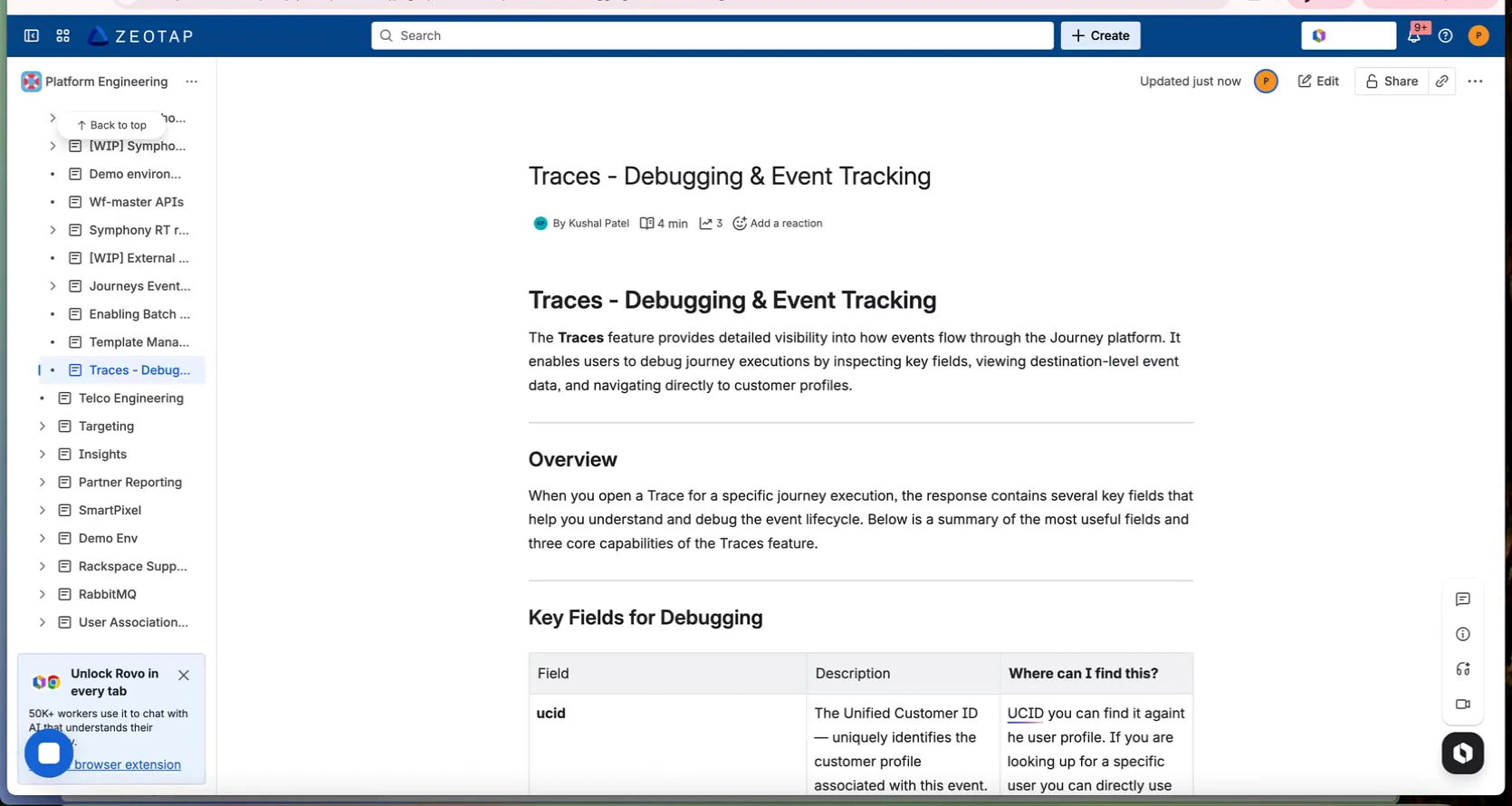Traces feature overview with key debugging fields reference