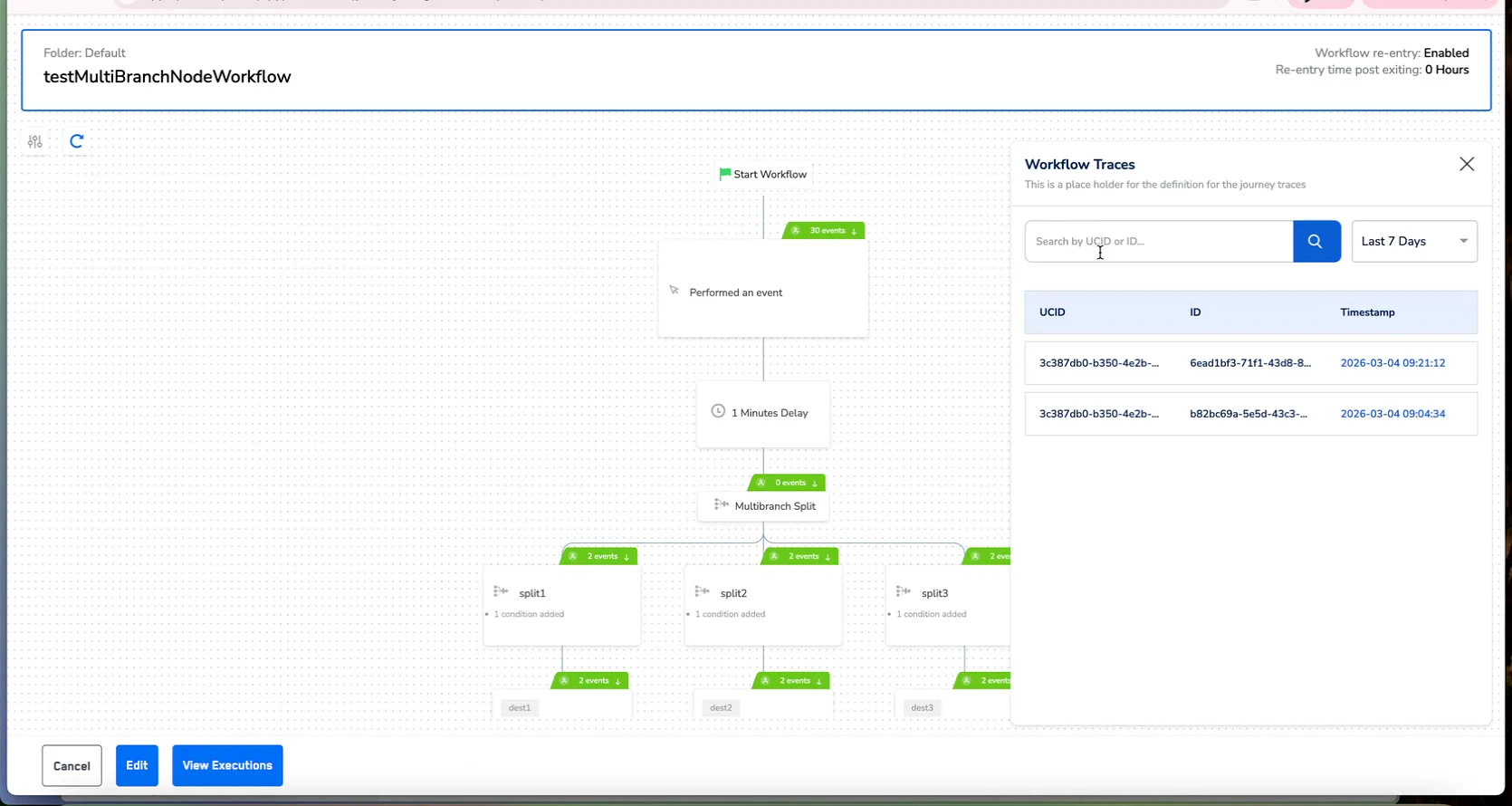Workflow Traces panel opened showing search bar, time filter, and trace result list