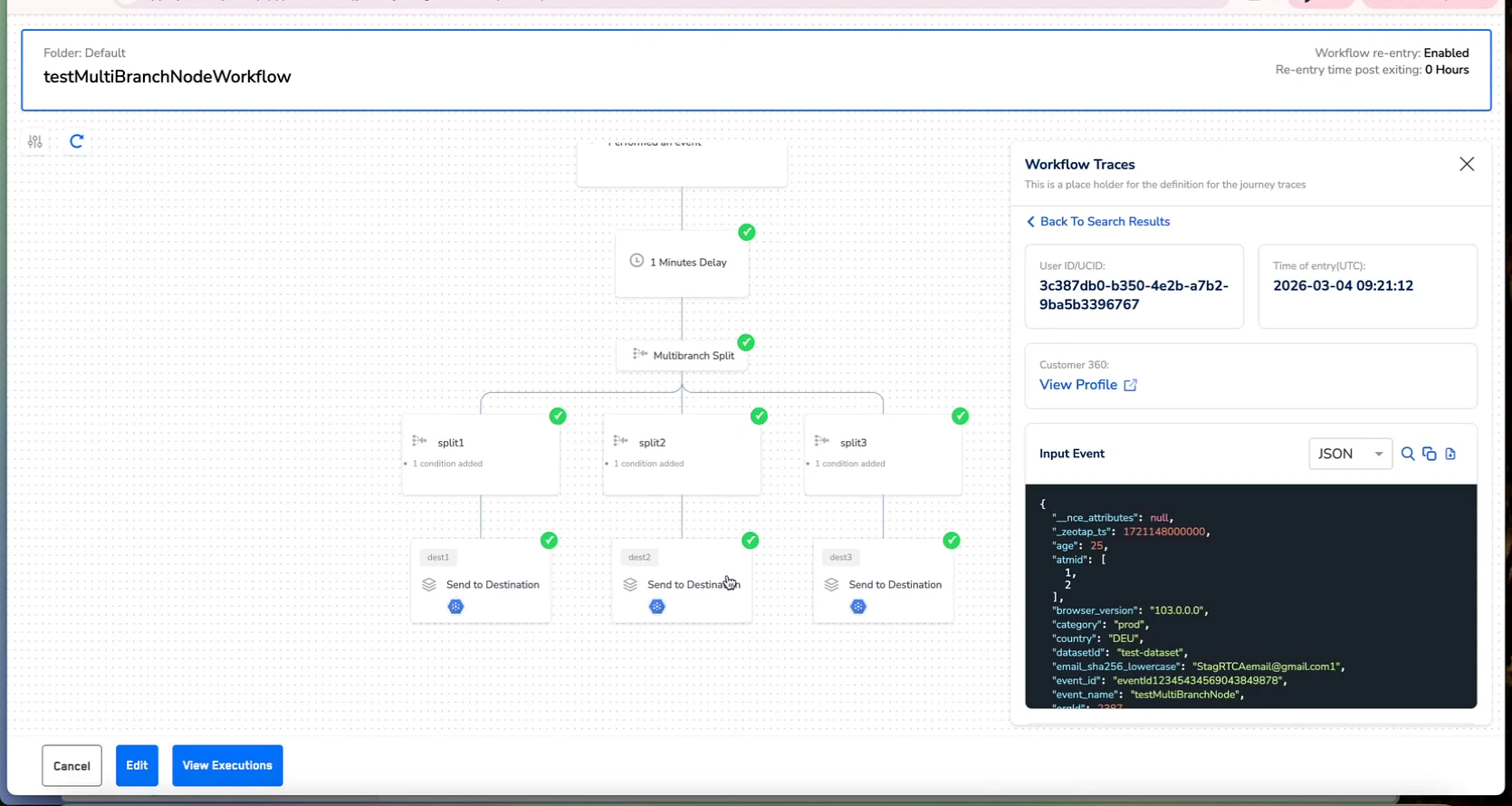 Journey canvas with green checkmarks on qualified nodes