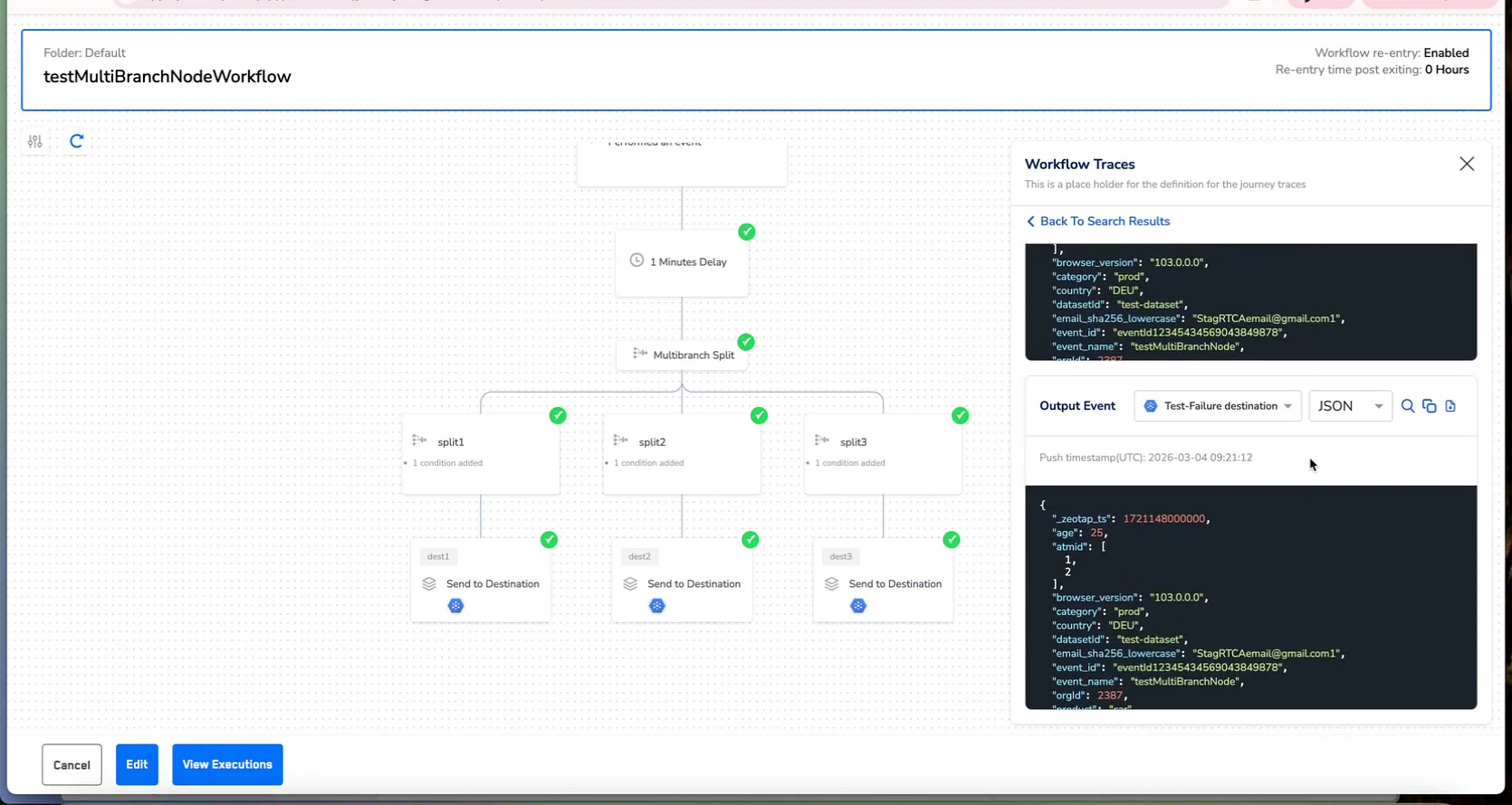 Scrolling through Output Event JSON showing destination-level transformed data