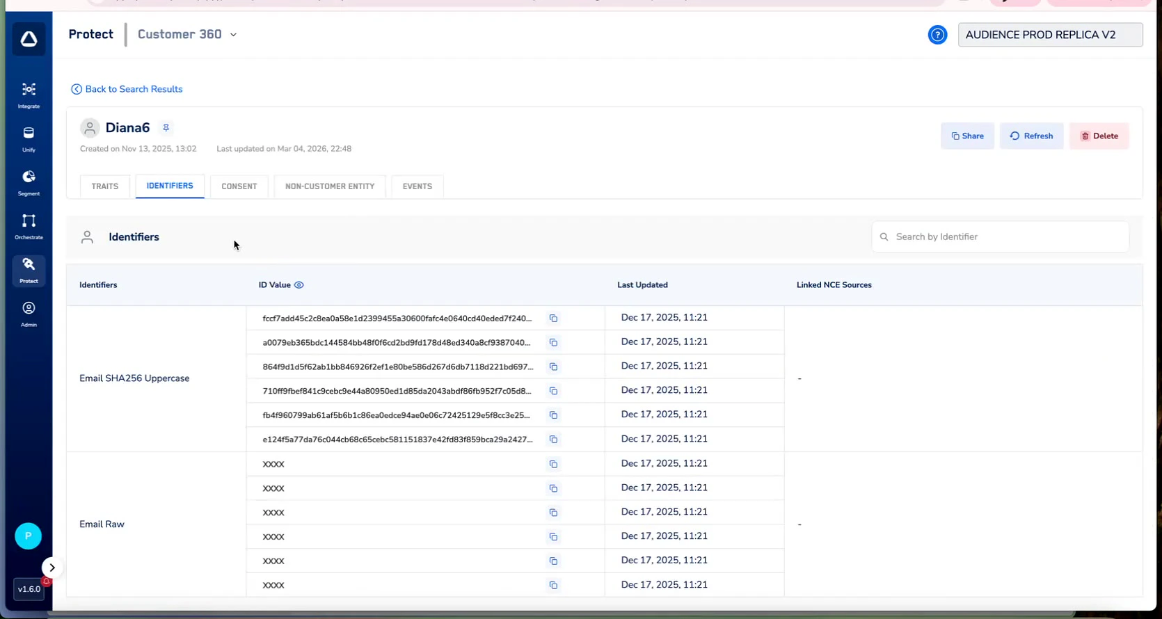Customer 360 profile view showing identifiers