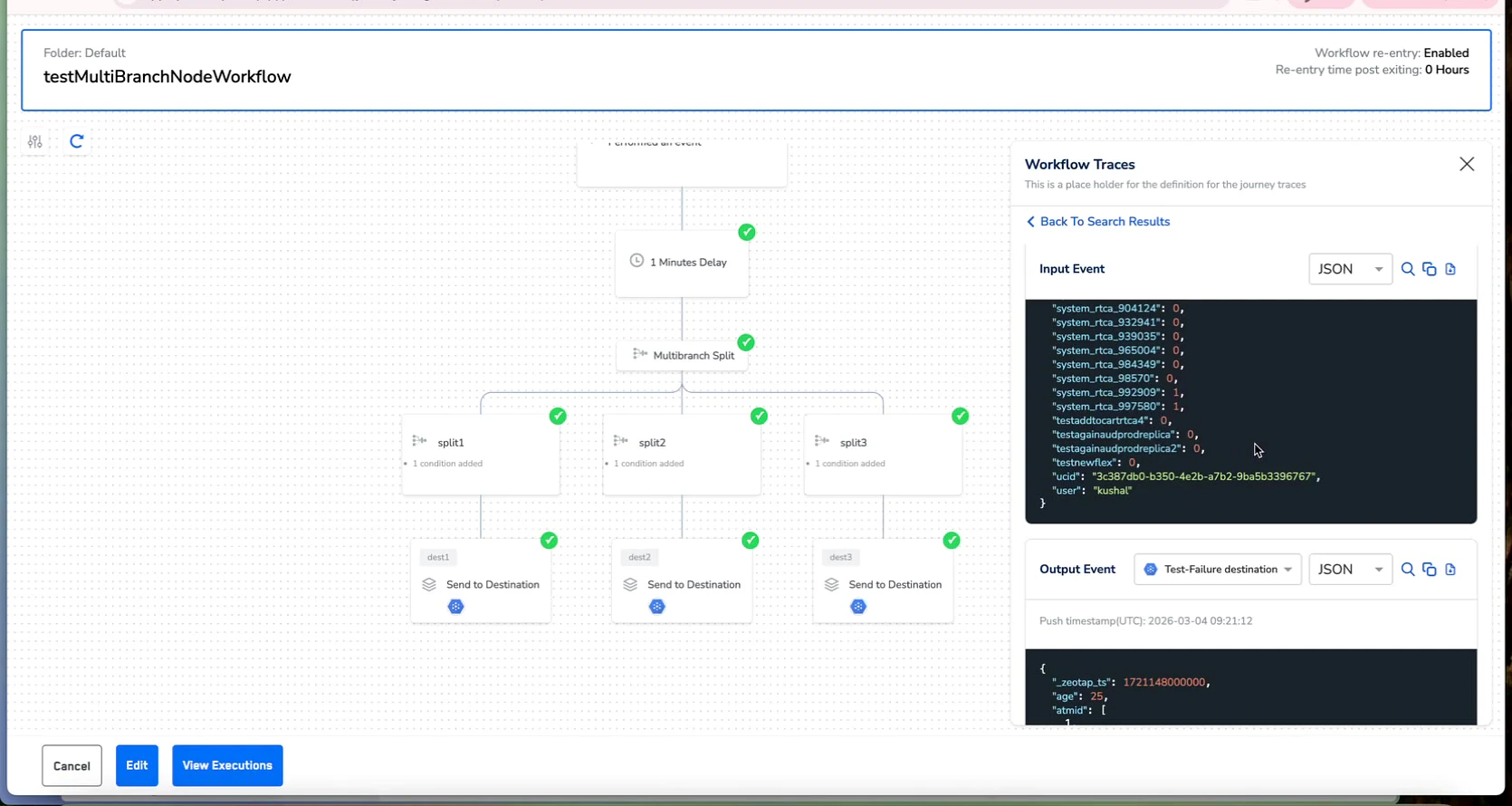 Output Event section with destination dropdown selector and JSON payload