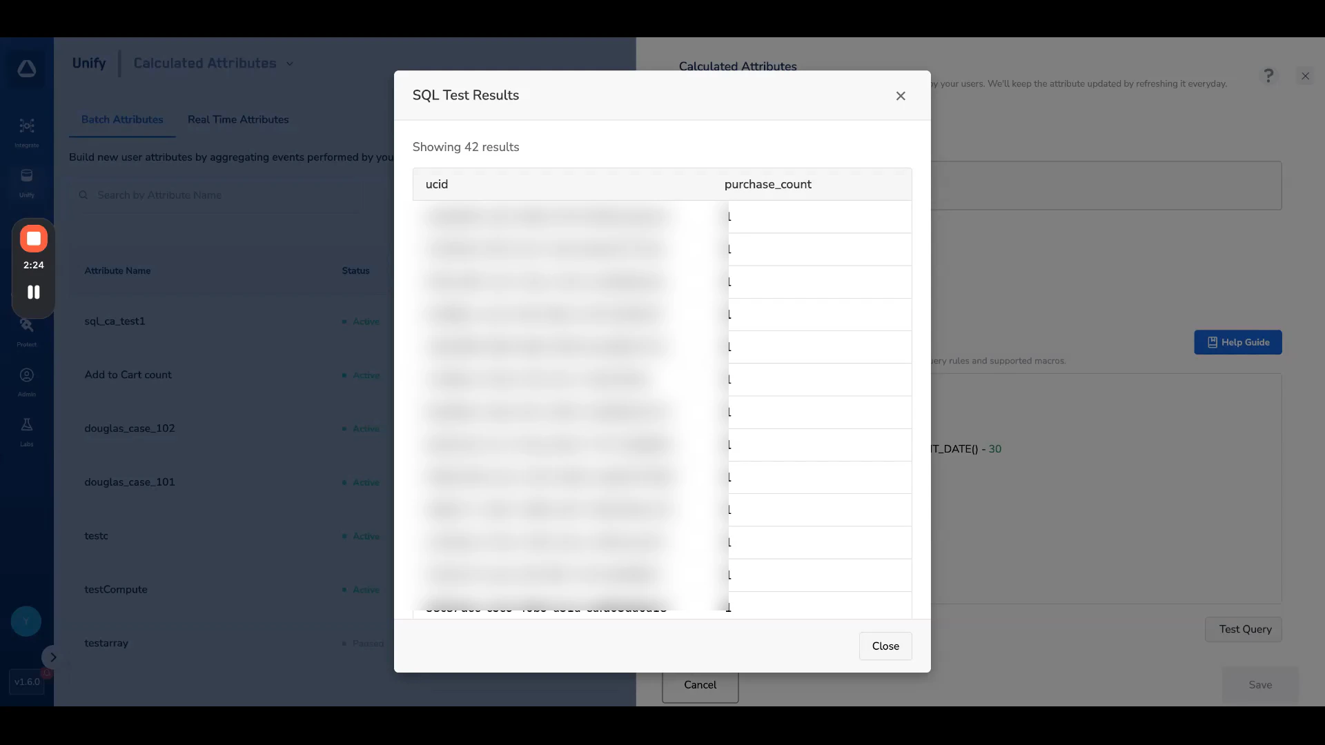 SQL Test Results modal showing sample ucid and aggregated value rows