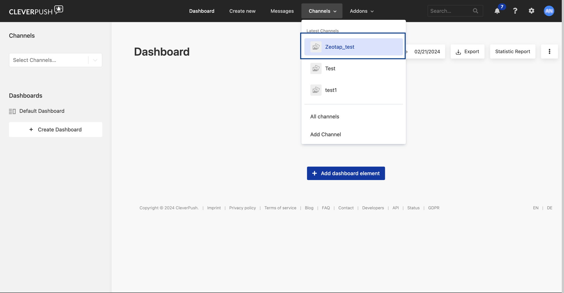 The Cleverpush dashboard with the Channels menu open, listing the latest channels along with the All channels and Add Channel options