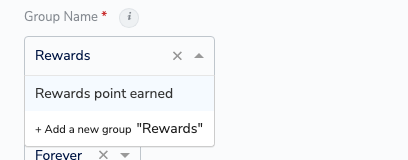 Group Name drop-down on the Add Catalogue Field form with a search term typed, showing a matching existing group and an option to add a new group with the typed name