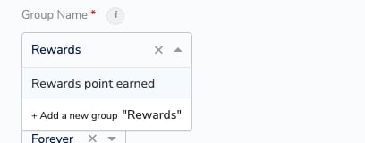 Group Name drop-down on the Add Catalogue Field form with a search term typed, showing a matching existing group and an option to add a new group with the typed name